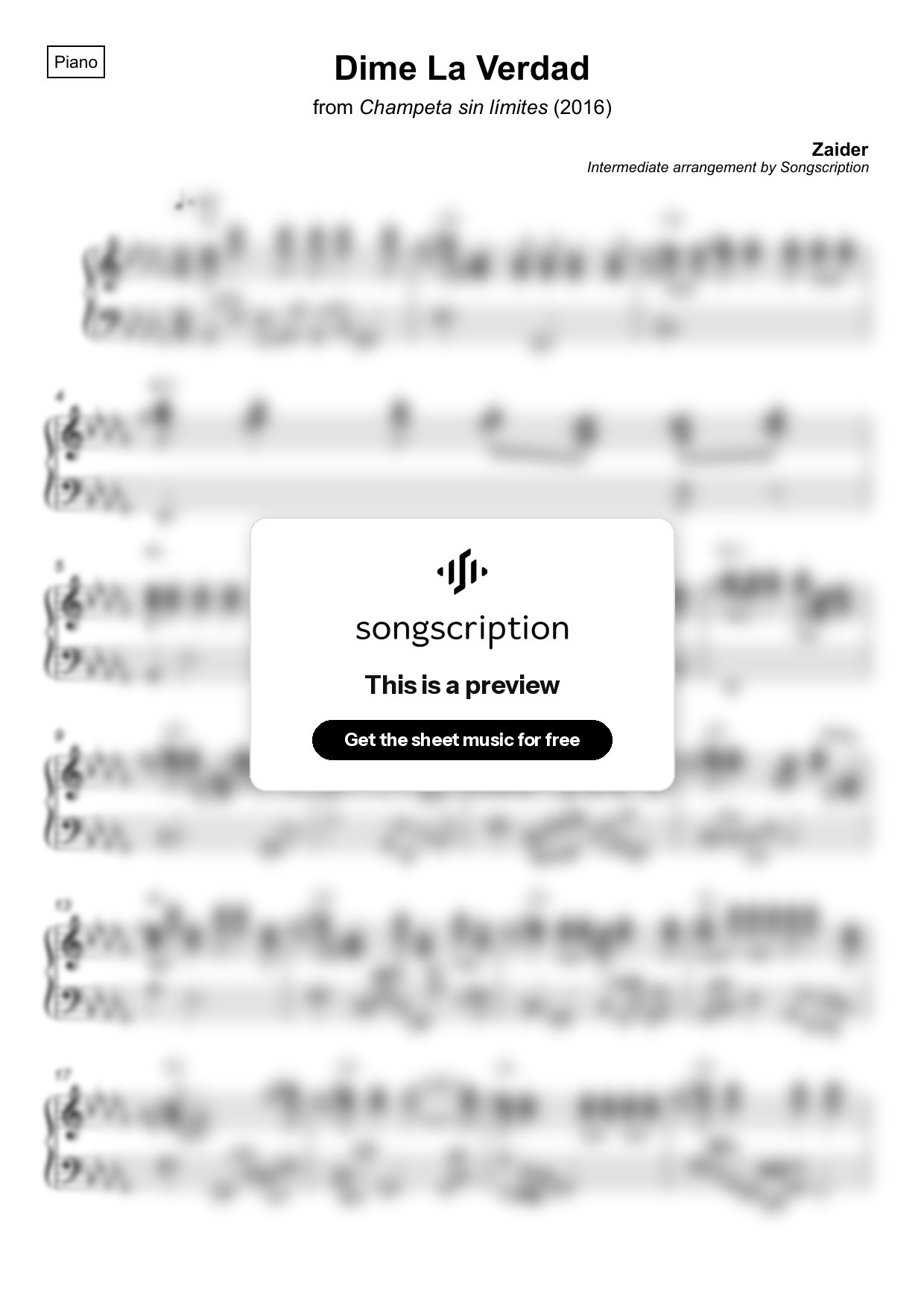 Intermediate Piano Sheet Music for "Dime La Verdad" by Zaider