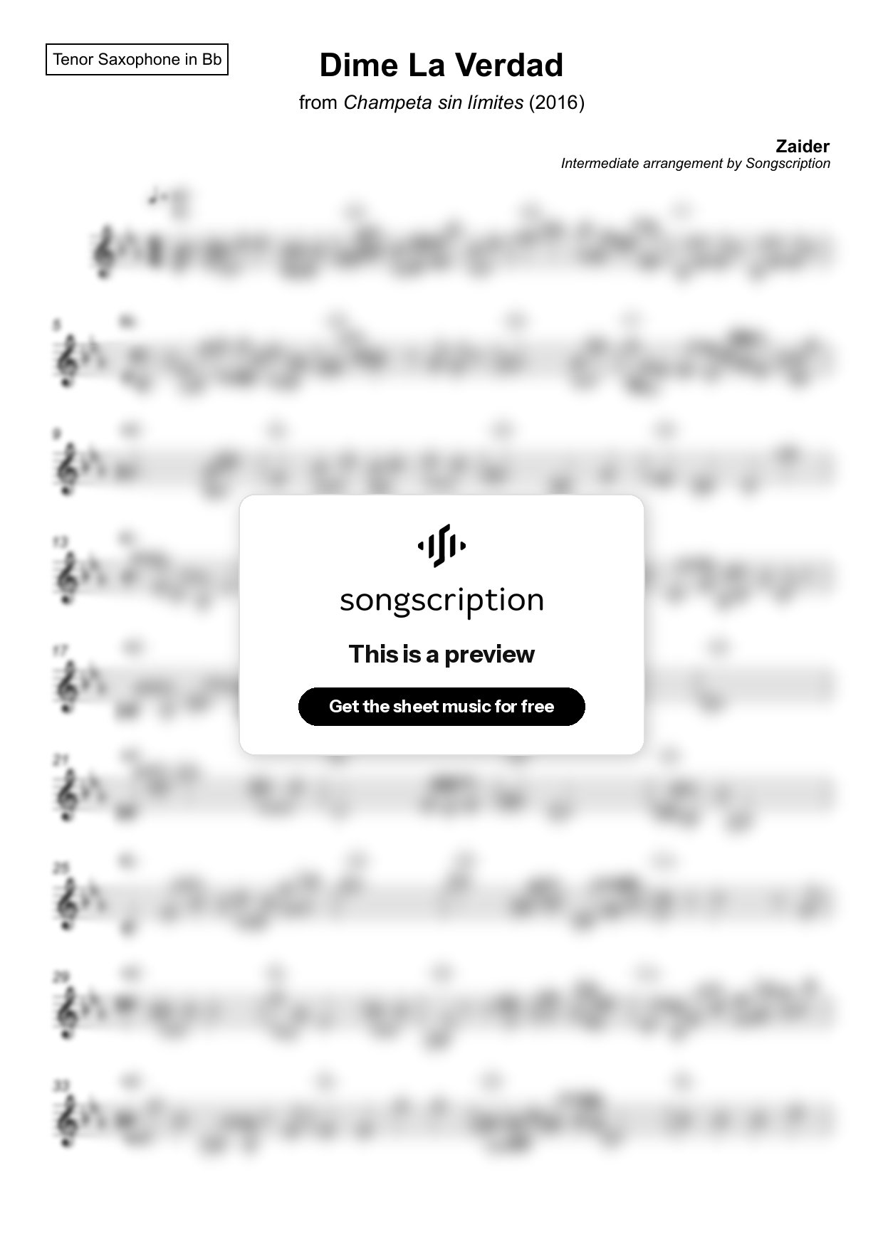 Intermediate Tenor Sax Sheet Music for "Dime La Verdad" by Zaider