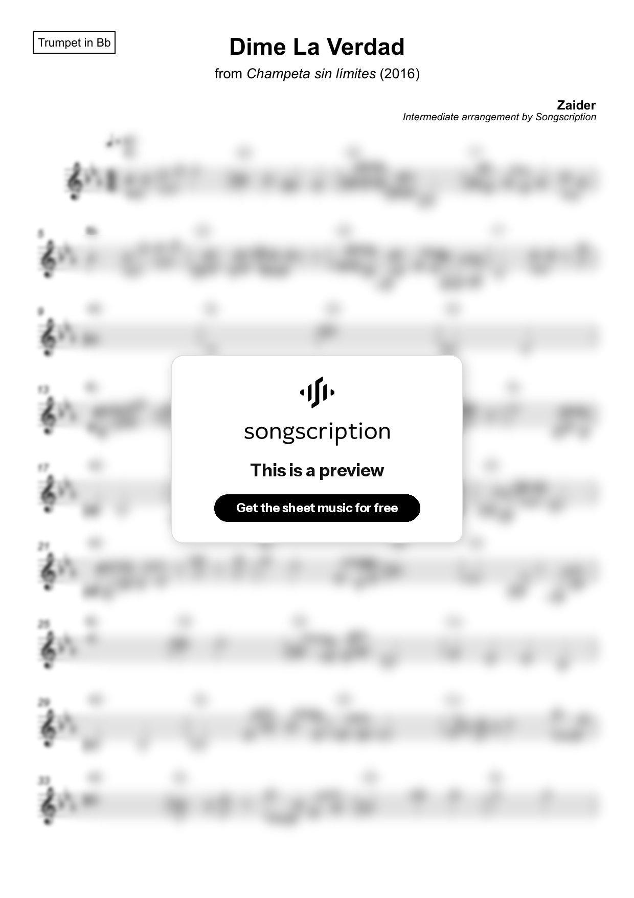 Intermediate Trumpet Sheet Music for "Dime La Verdad" by Zaider