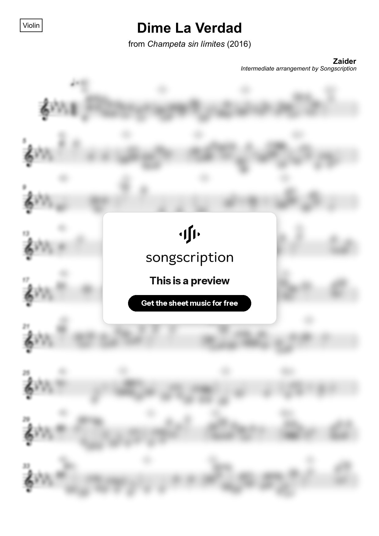 Intermediate Violin Sheet Music for "Dime La Verdad" by Zaider