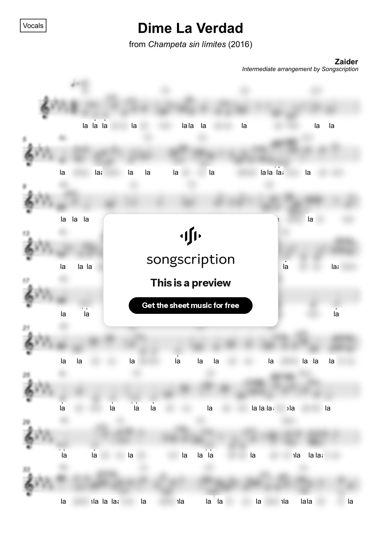 Intermediate Vocals Sheet Music for "Dime La Verdad" by Zaider