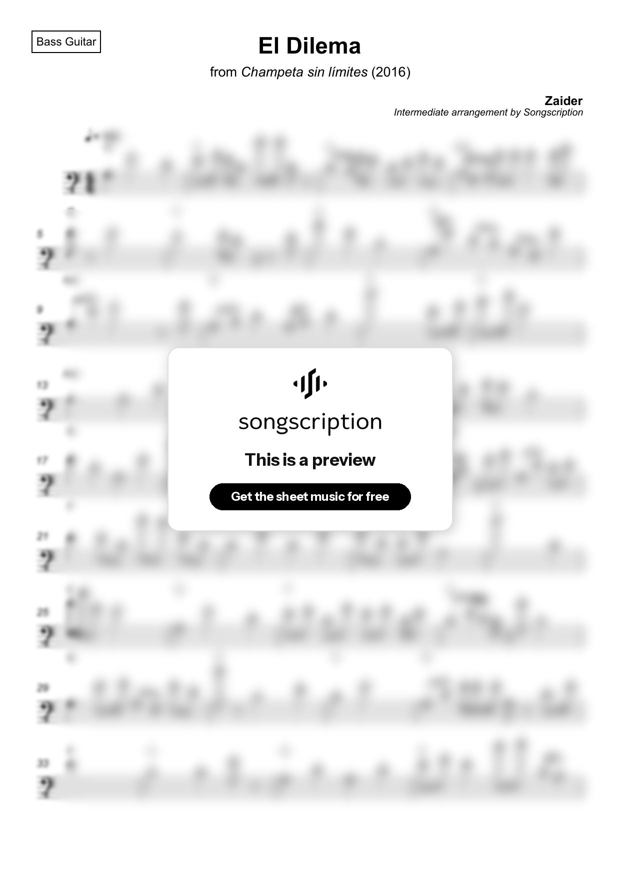Intermediate Bass Guitar Sheet Music for "El Dilema" by Zaider