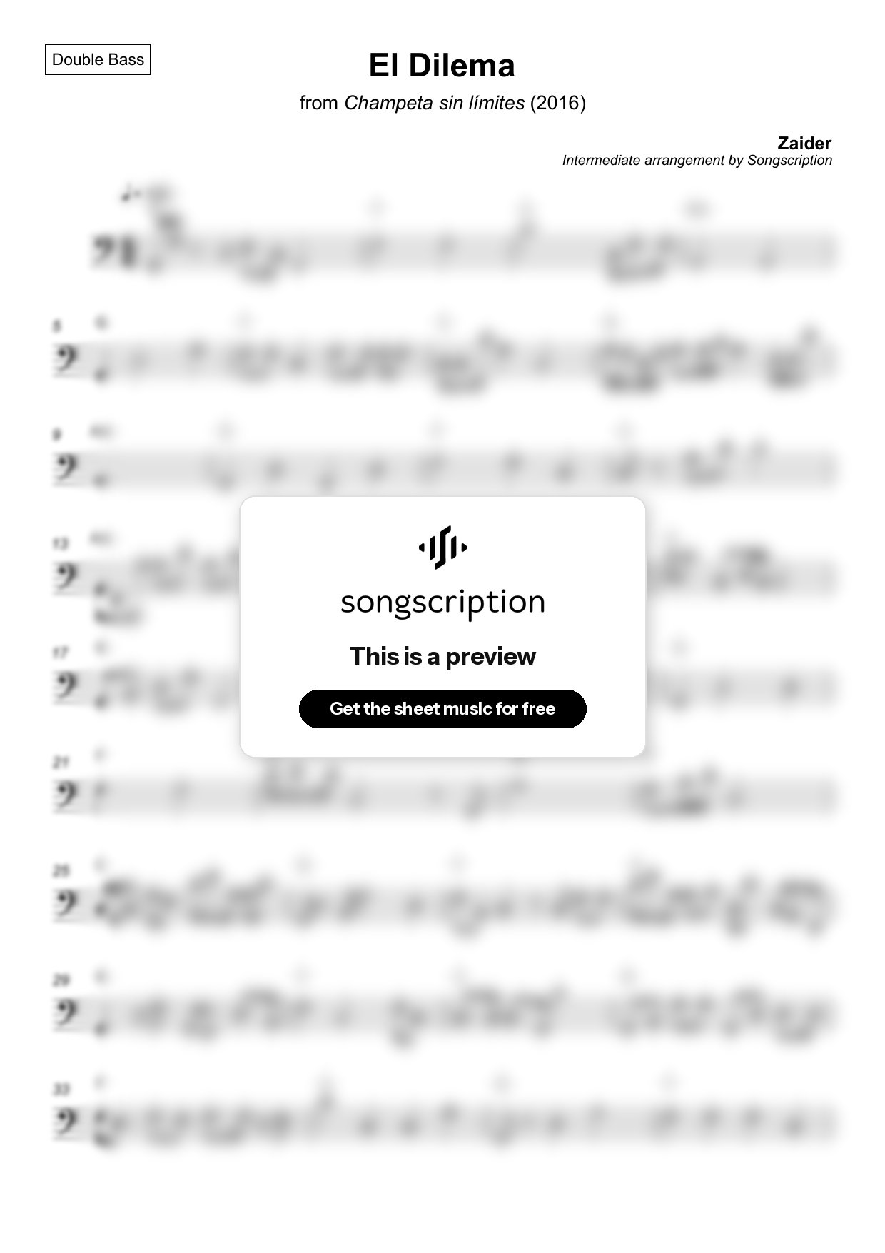 Intermediate Double Bass Sheet Music for "El Dilema" by Zaider