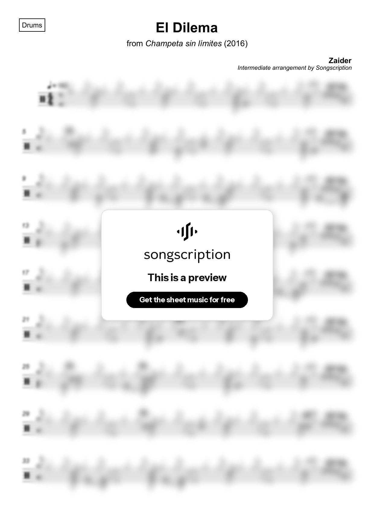 Intermediate Drums Sheet Music for "El Dilema" by Zaider