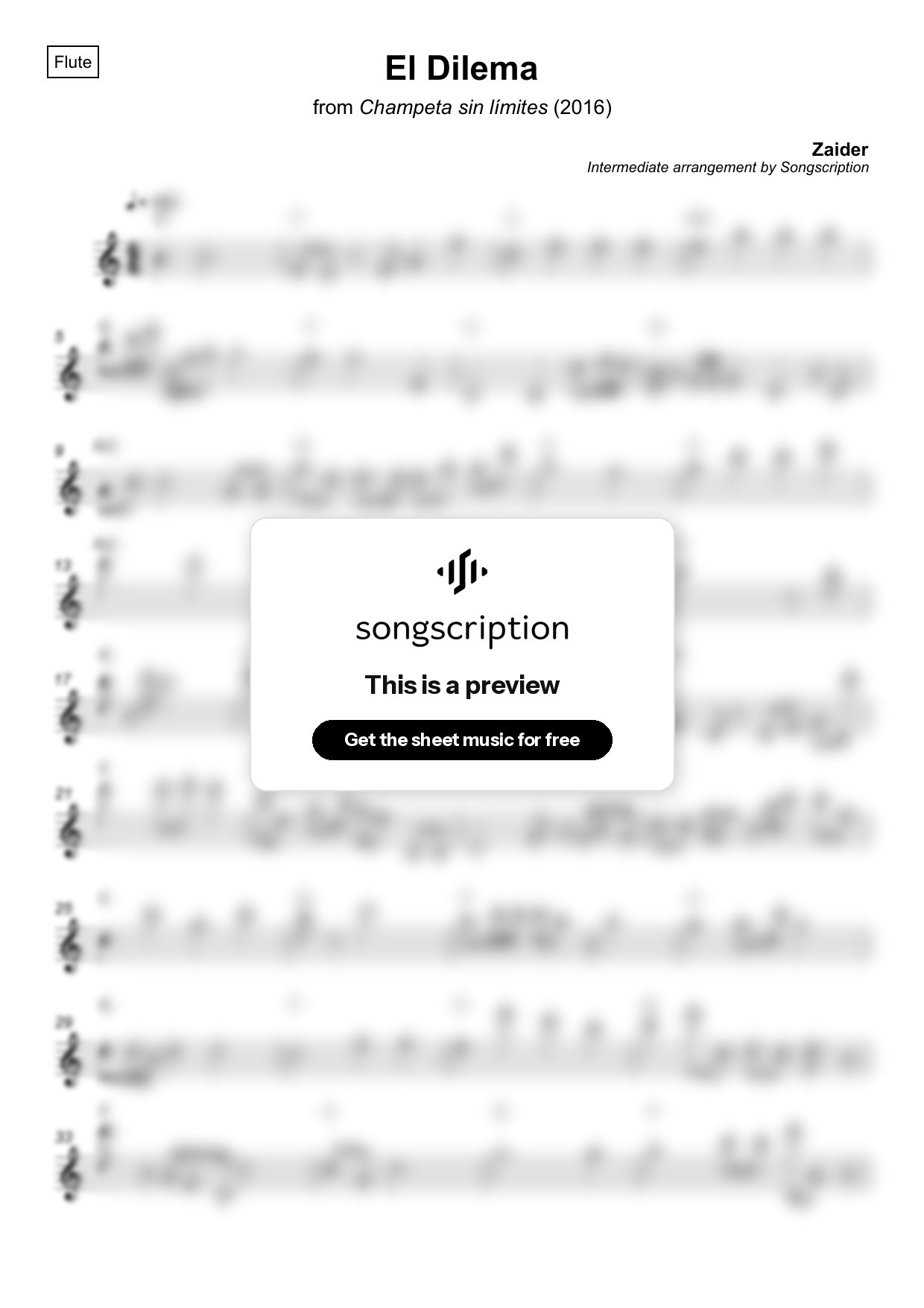 Intermediate Flute Sheet Music for "El Dilema" by Zaider