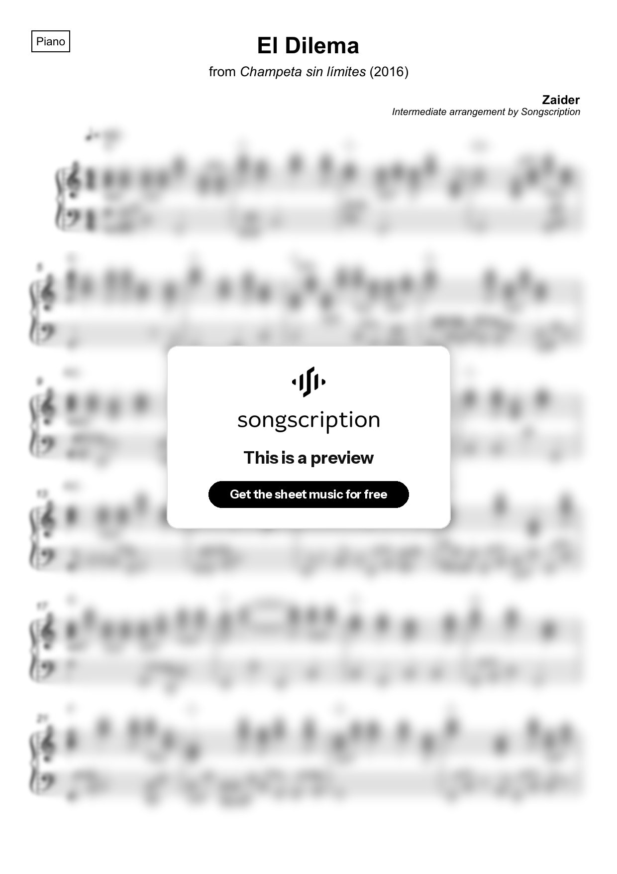 Intermediate Piano Sheet Music for "El Dilema" by Zaider