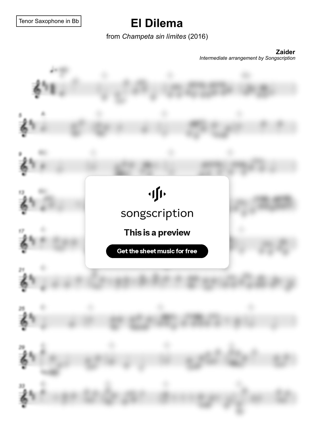 Intermediate Tenor Sax Sheet Music for "El Dilema" by Zaider