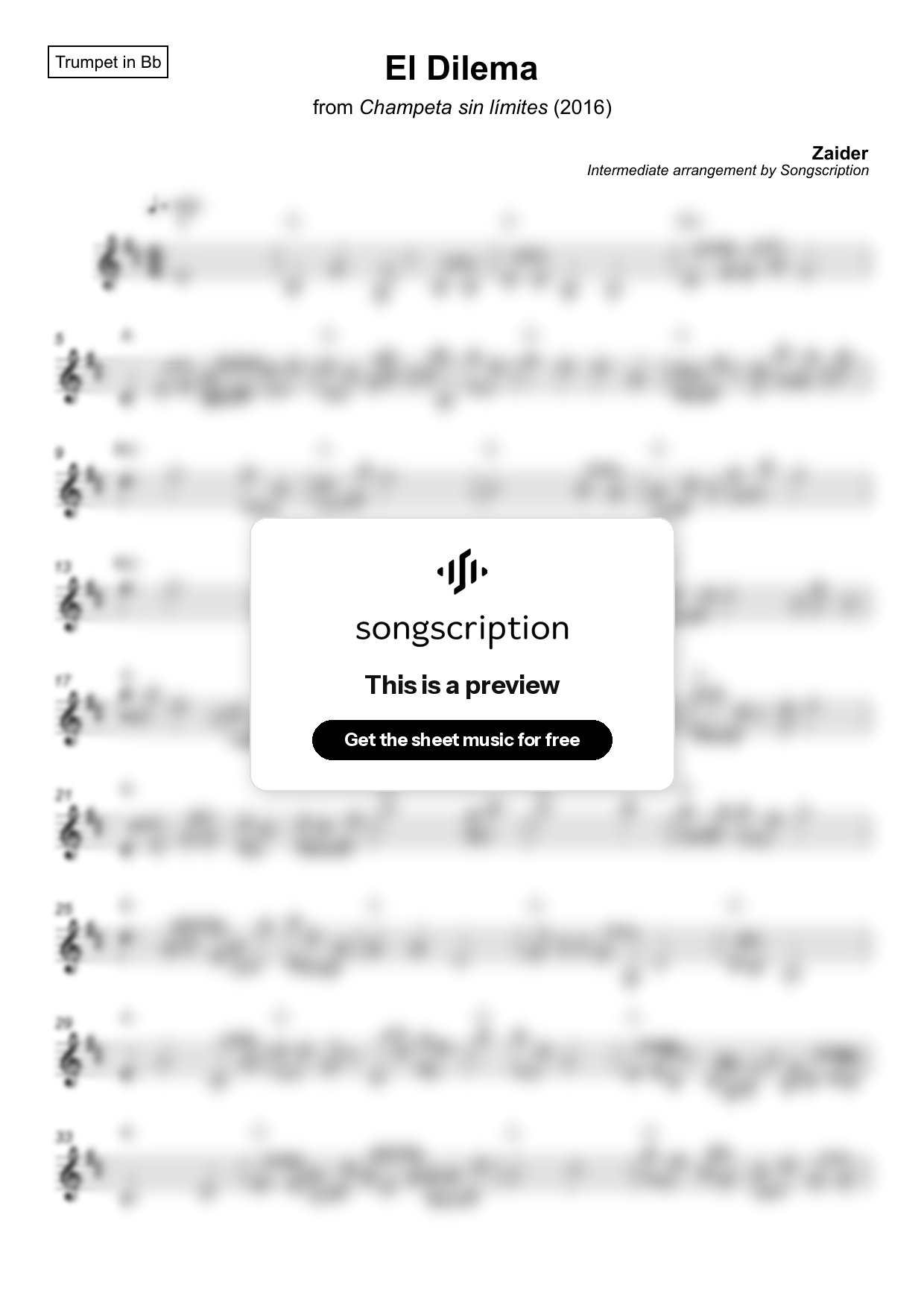 Intermediate Trumpet Sheet Music for "El Dilema" by Zaider