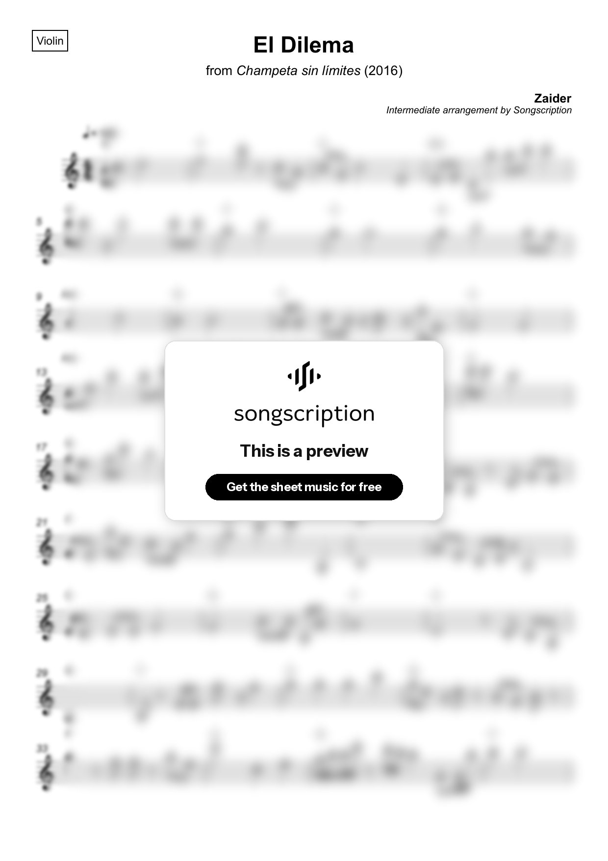 Intermediate Violin Sheet Music for "El Dilema" by Zaider