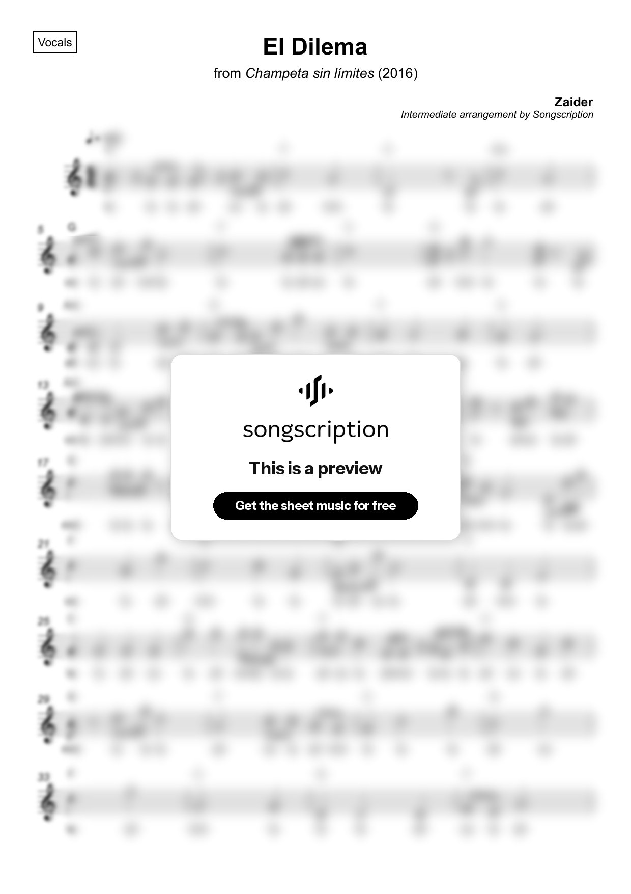 Intermediate Vocals Sheet Music for "El Dilema" by Zaider