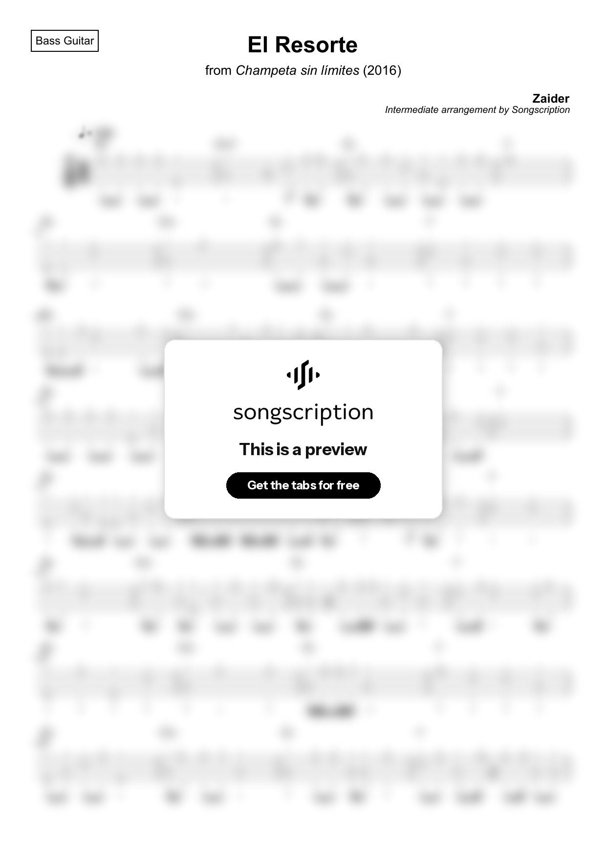 Intermediate Bass Guitar Tabs for "El Resorte" by Zaider