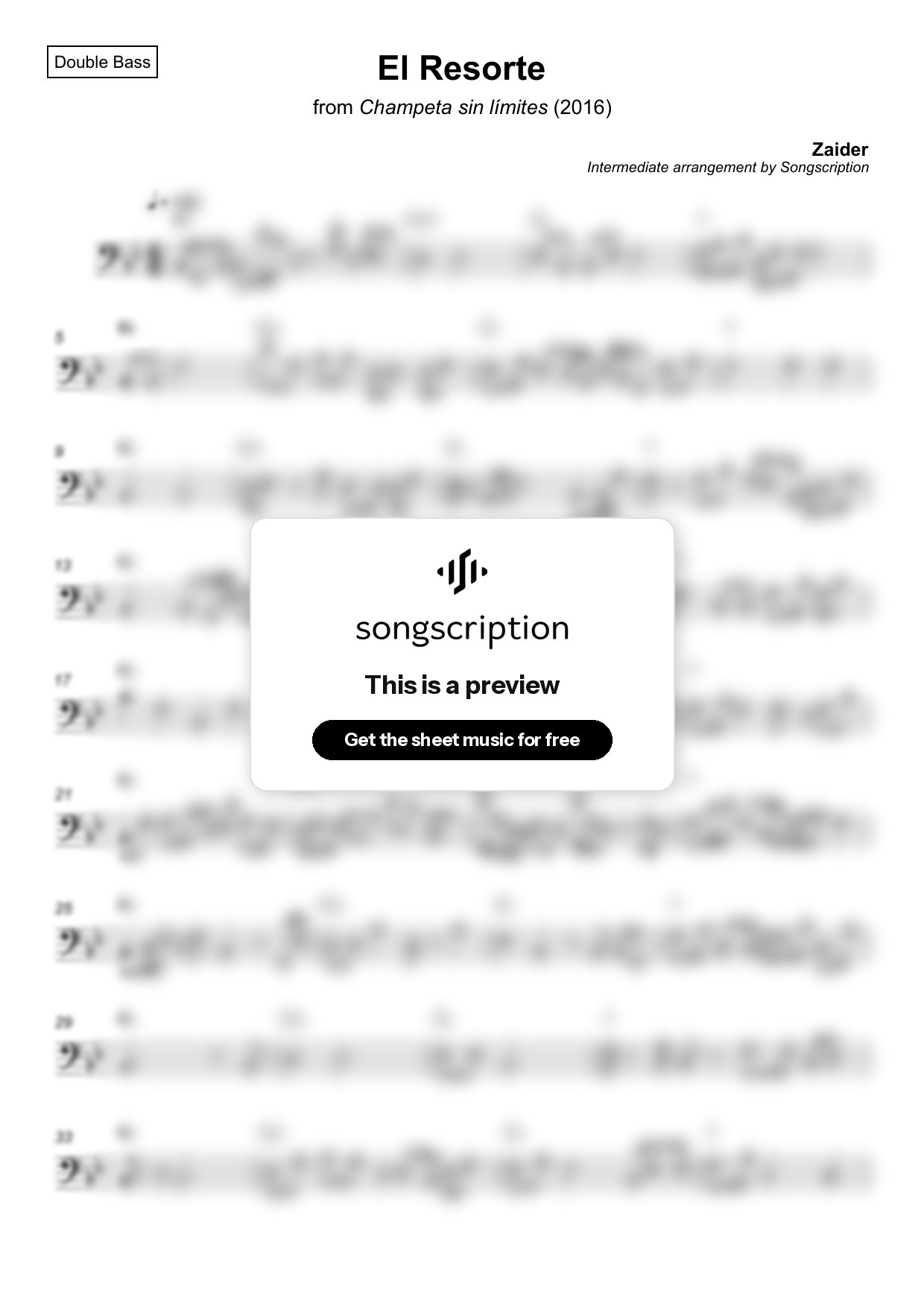 Intermediate Double Bass Sheet Music for "El Resorte" by Zaider