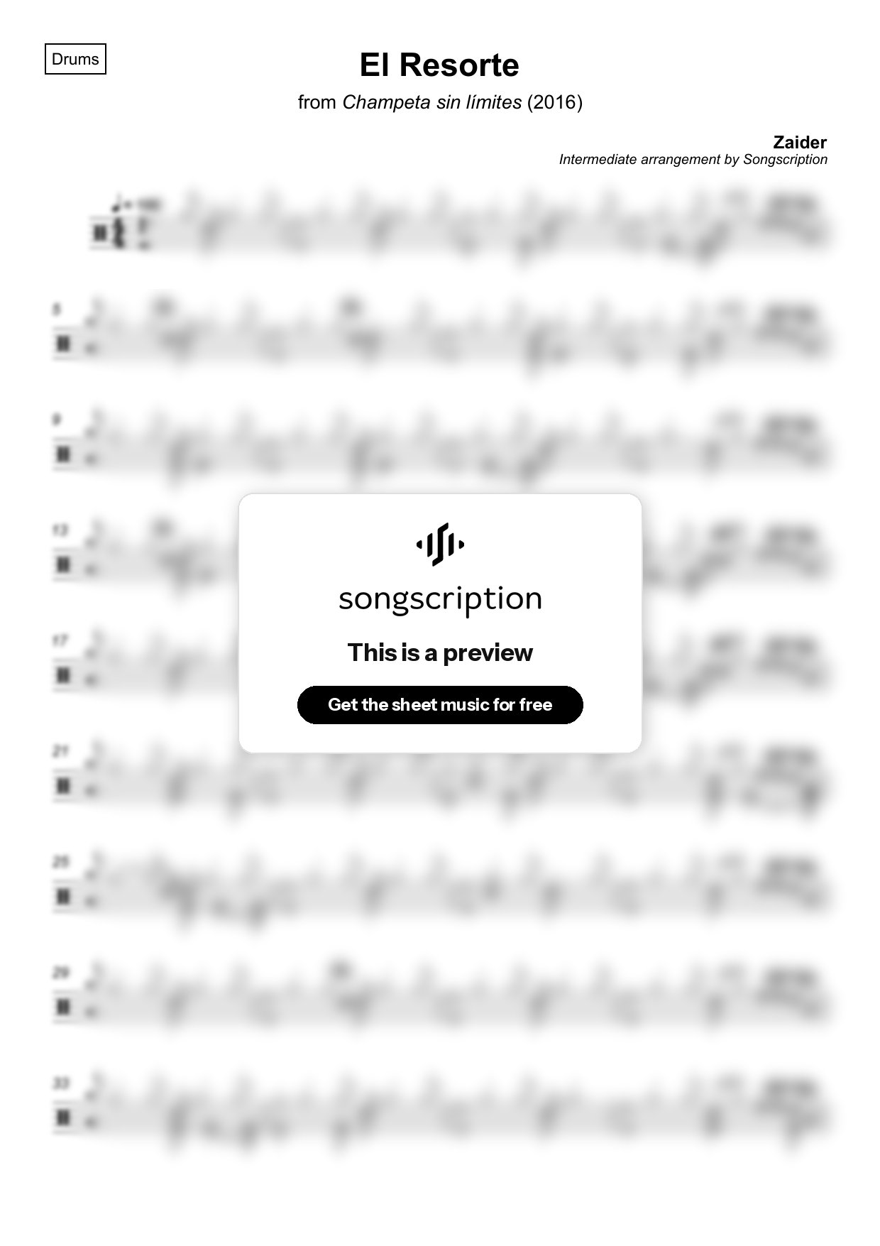 Intermediate Drums Sheet Music for "El Resorte" by Zaider