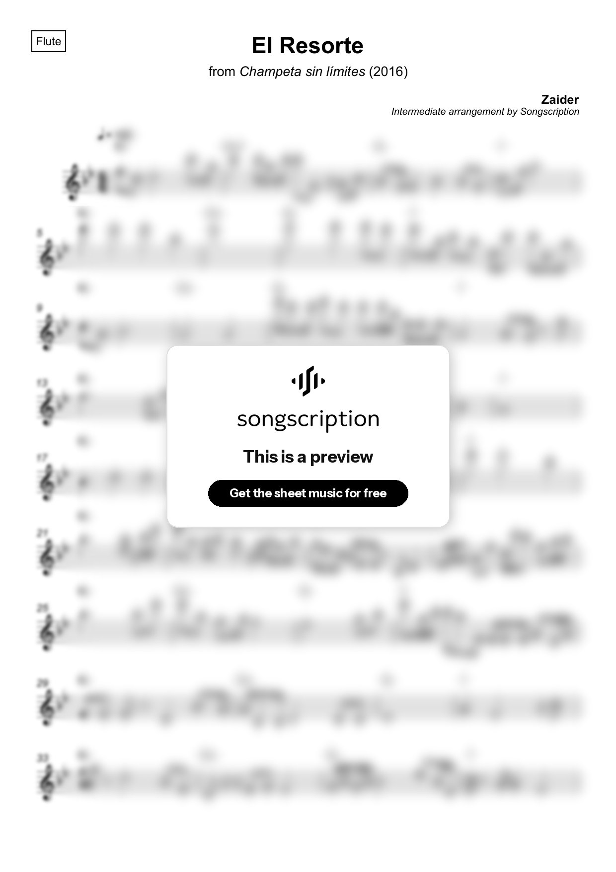 Intermediate Flute Sheet Music for "El Resorte" by Zaider
