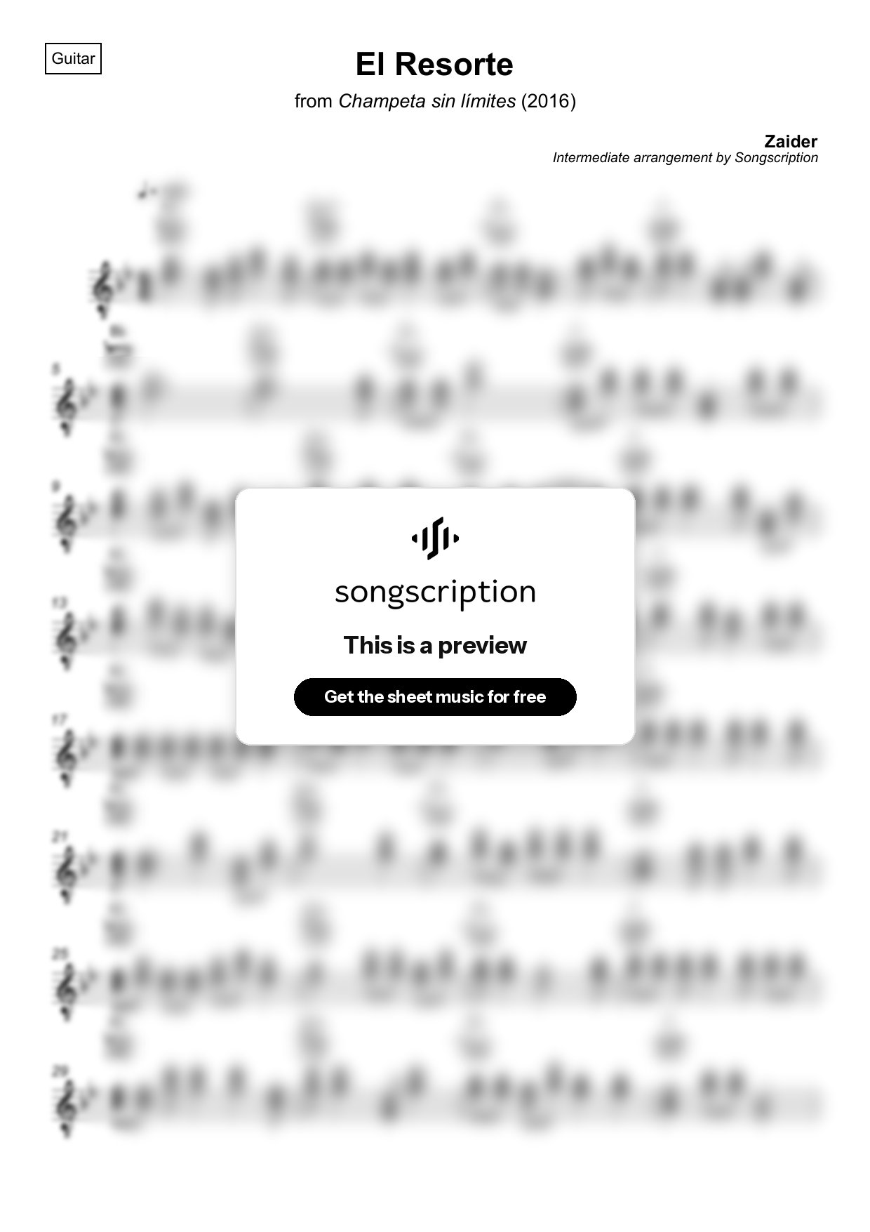Intermediate Acoustic Guitar Sheet Music for "El Resorte" by Zaider