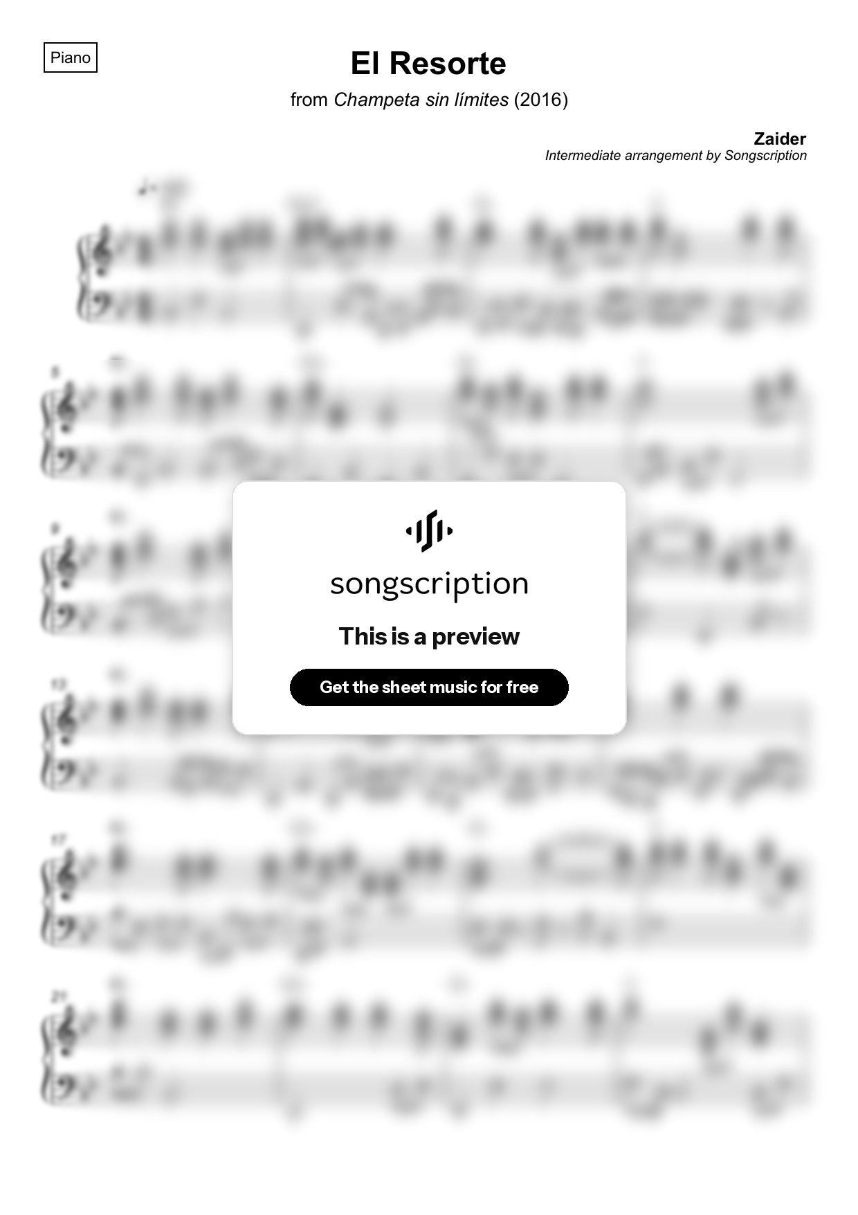 Intermediate Piano Sheet Music for "El Resorte" by Zaider