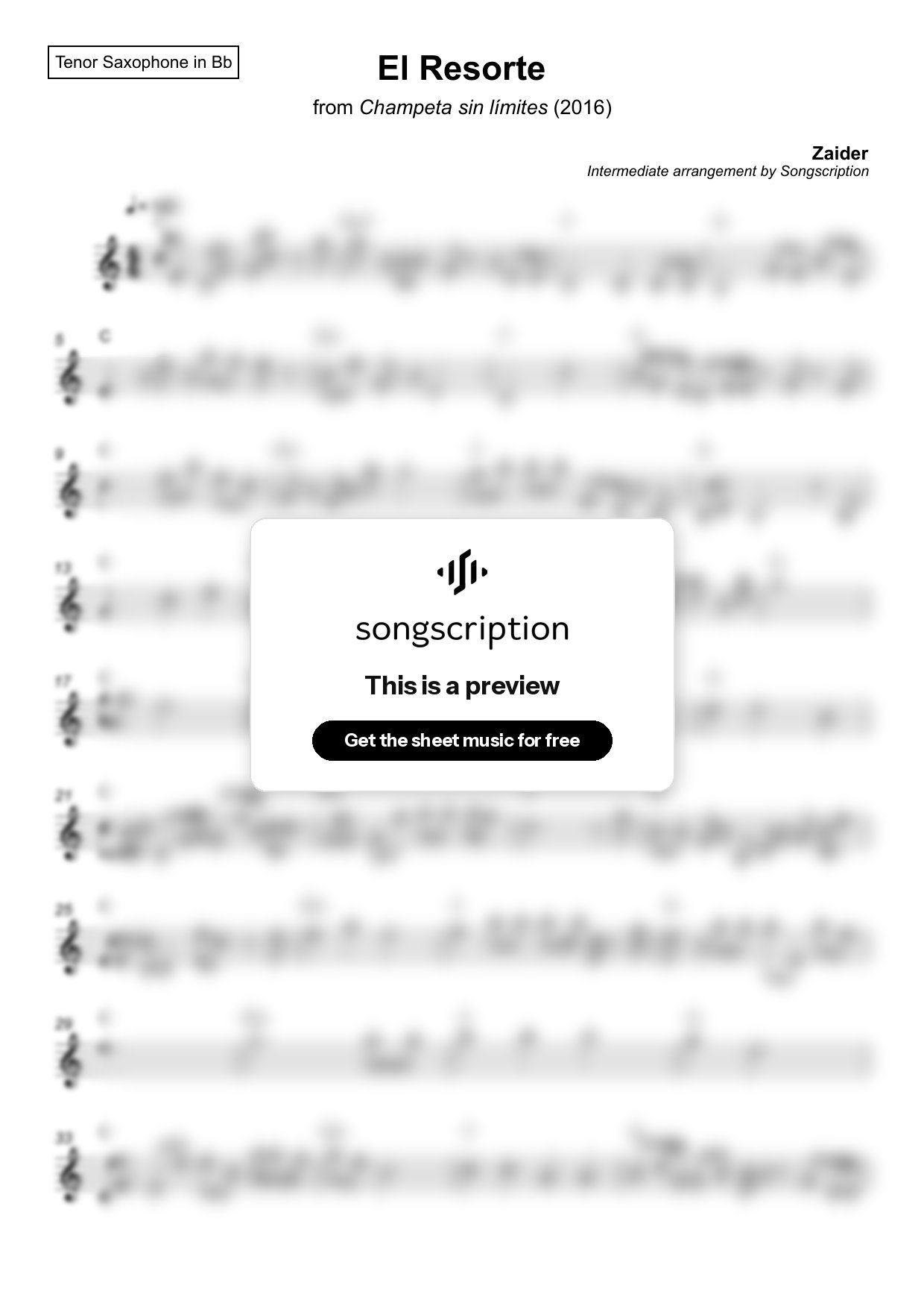 Intermediate Tenor Sax Sheet Music for "El Resorte" by Zaider