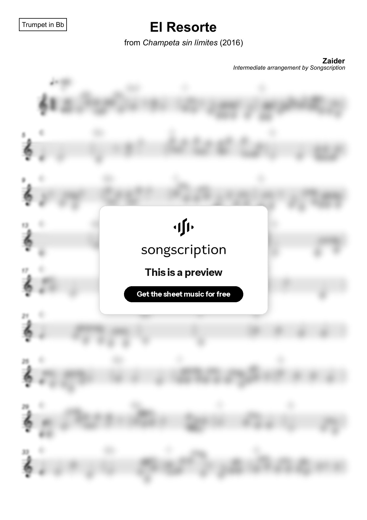 Intermediate Trumpet Sheet Music for "El Resorte" by Zaider