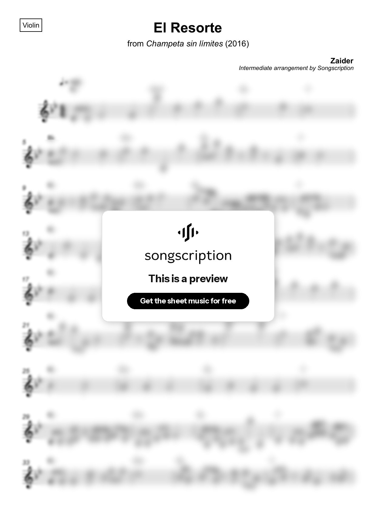 Intermediate Violin Sheet Music for "El Resorte" by Zaider