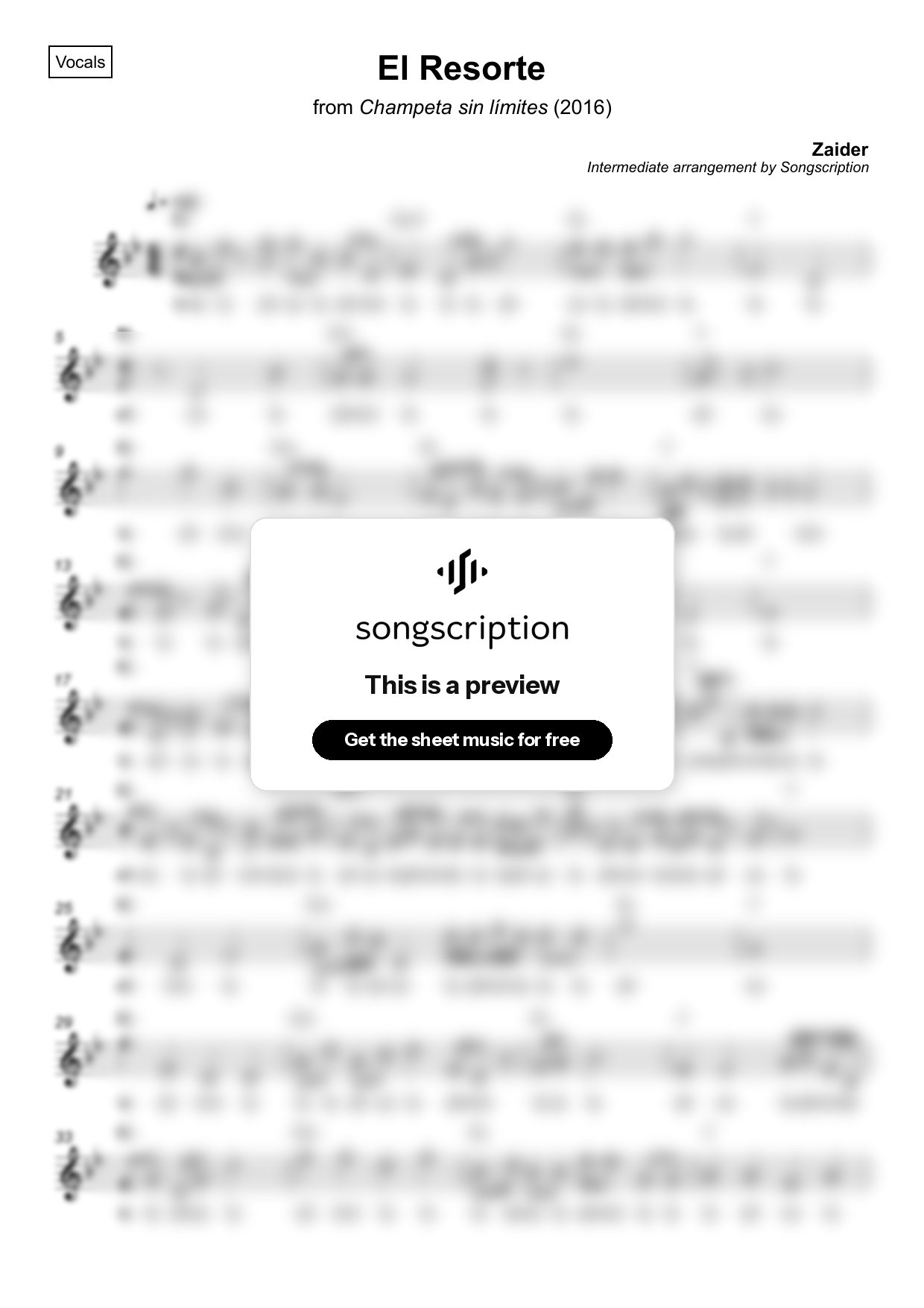 Intermediate Vocals Sheet Music for "El Resorte" by Zaider