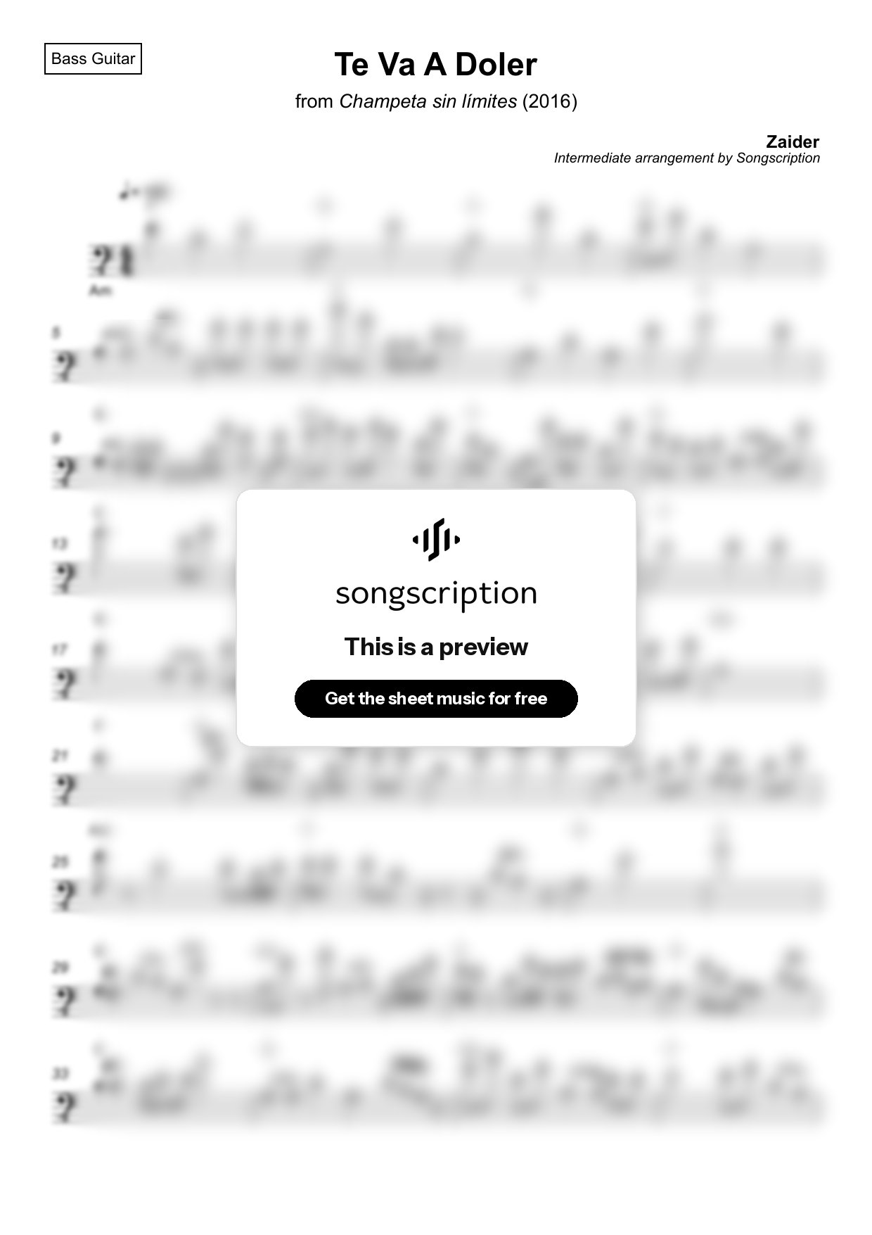 Intermediate Bass Guitar Sheet Music for "Te Va A Doler" by Zaider