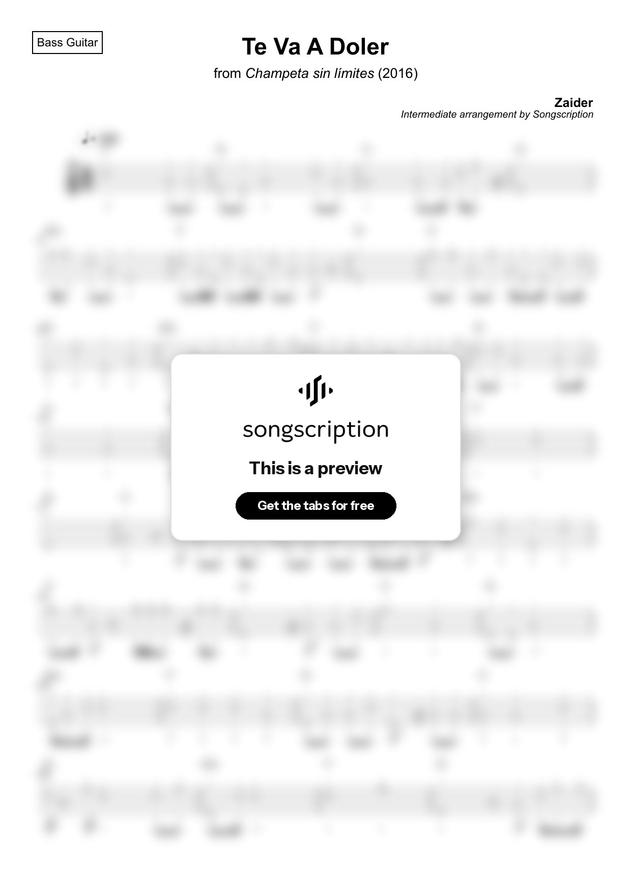 Intermediate Bass Guitar Tabs for "Te Va A Doler" by Zaider