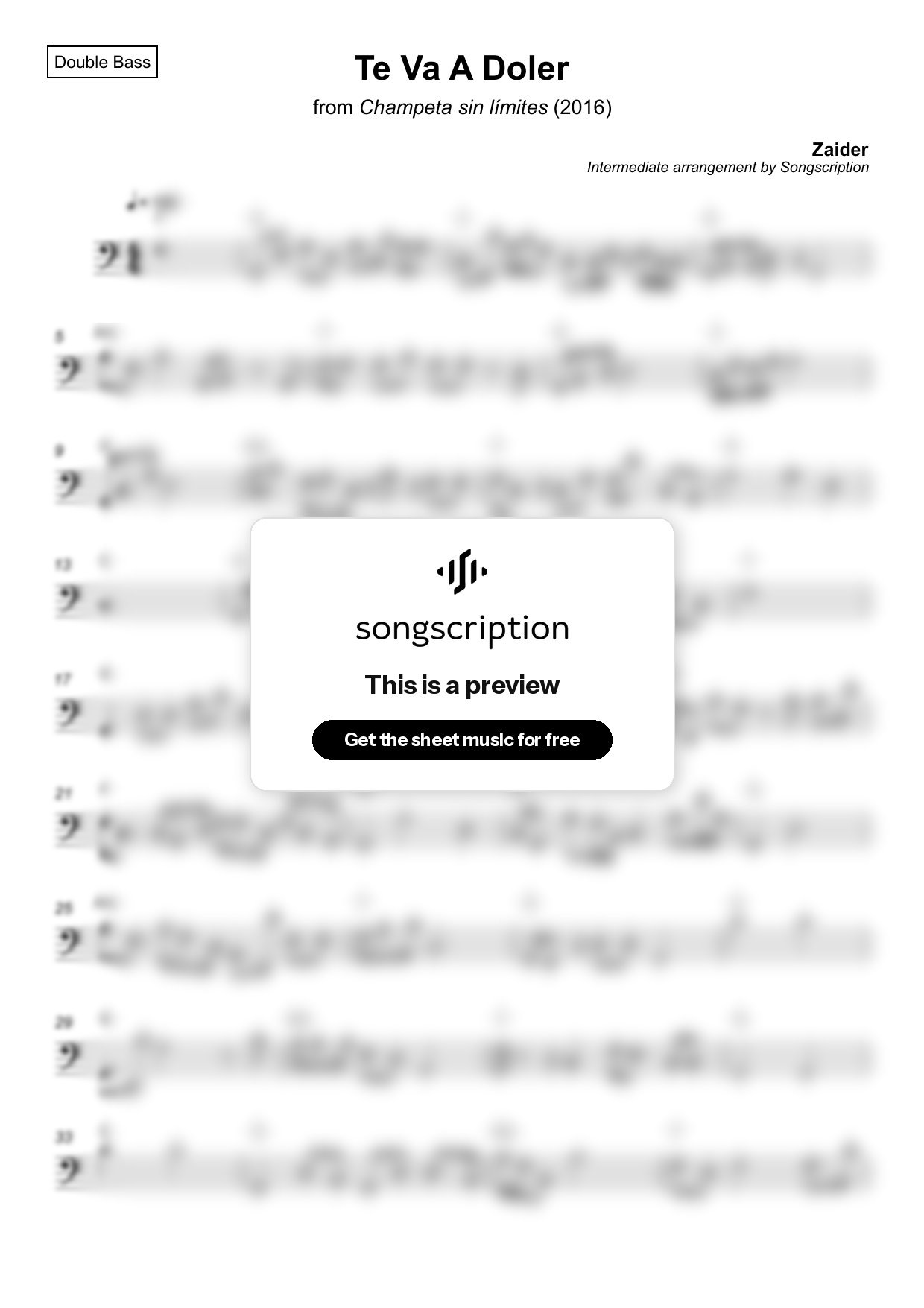 Intermediate Double Bass Sheet Music for "Te Va A Doler" by Zaider