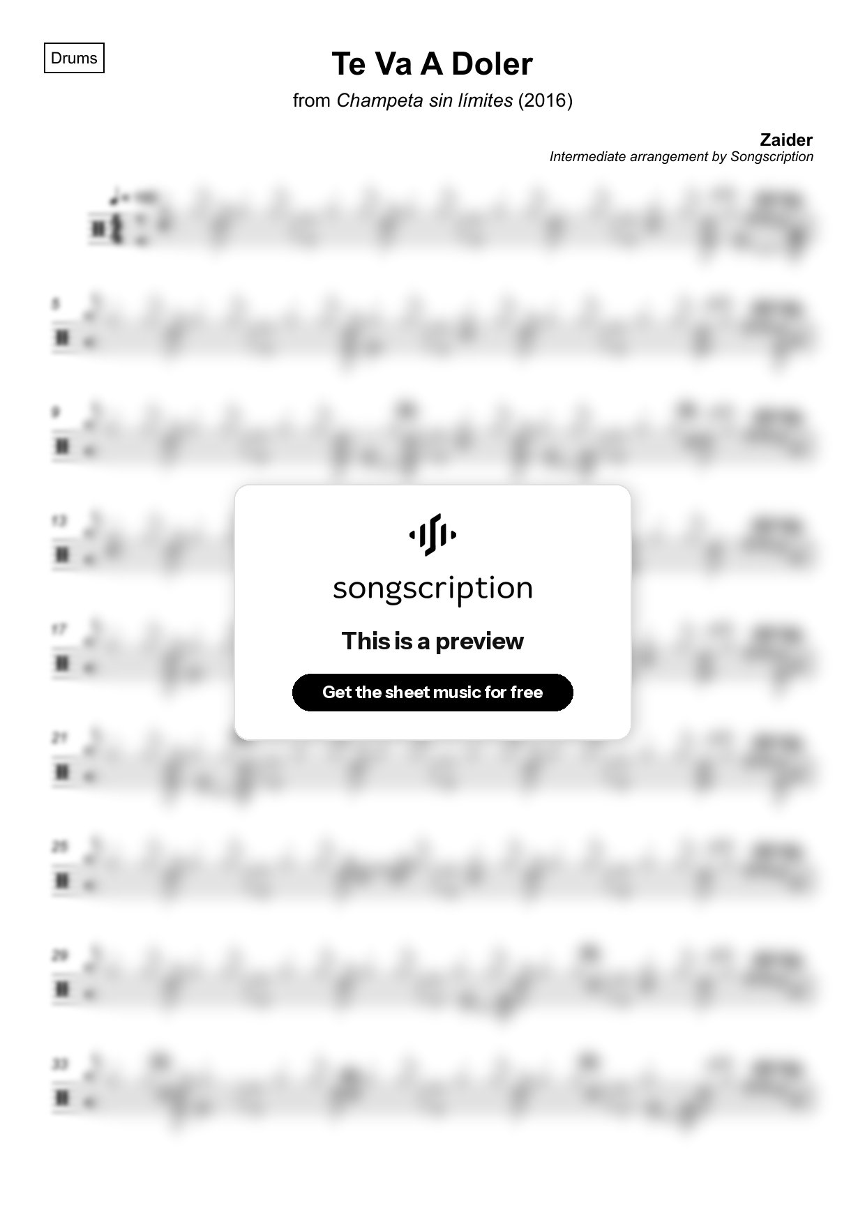 Intermediate Drums Sheet Music for "Te Va A Doler" by Zaider