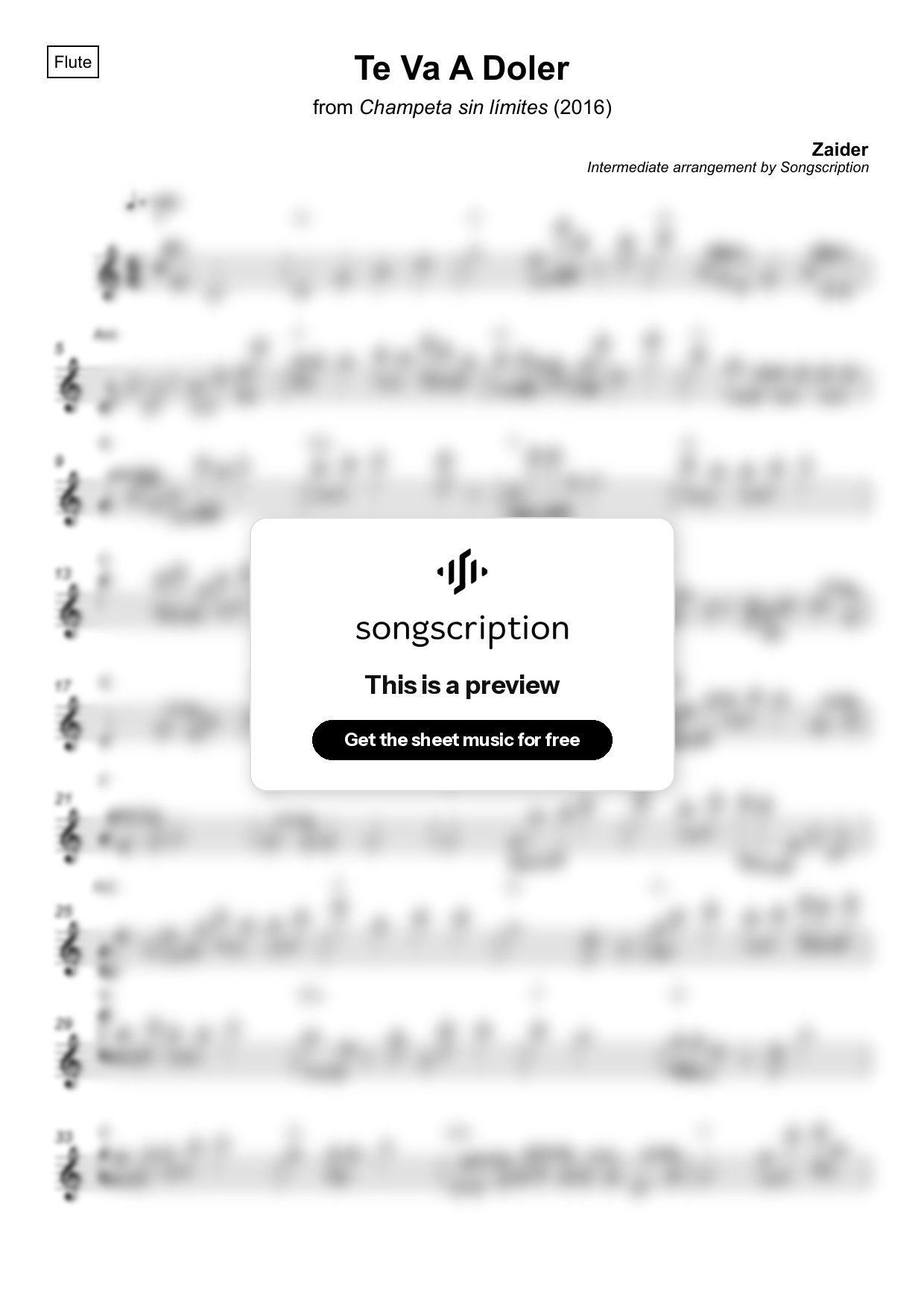 Intermediate Flute Sheet Music for "Te Va A Doler" by Zaider