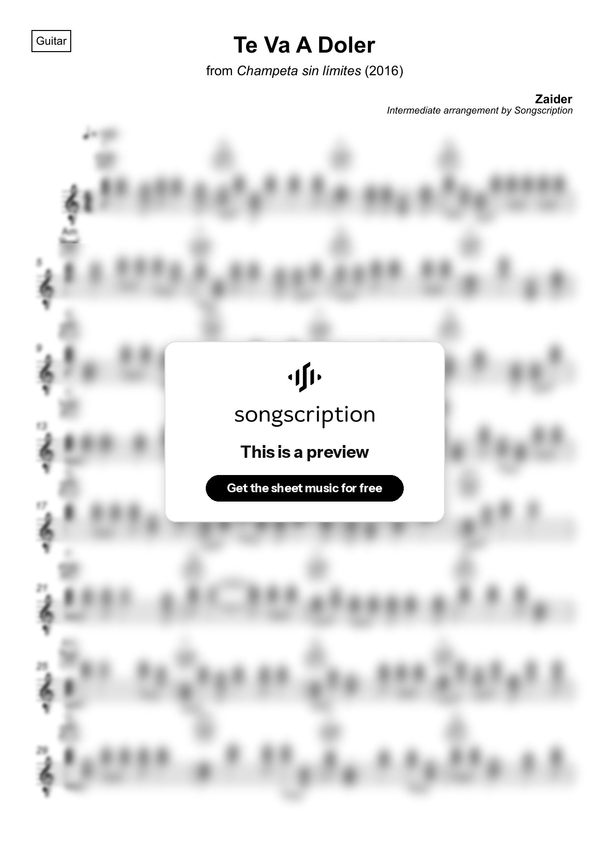 Intermediate Acoustic Guitar Sheet Music for "Te Va A Doler" by Zaider