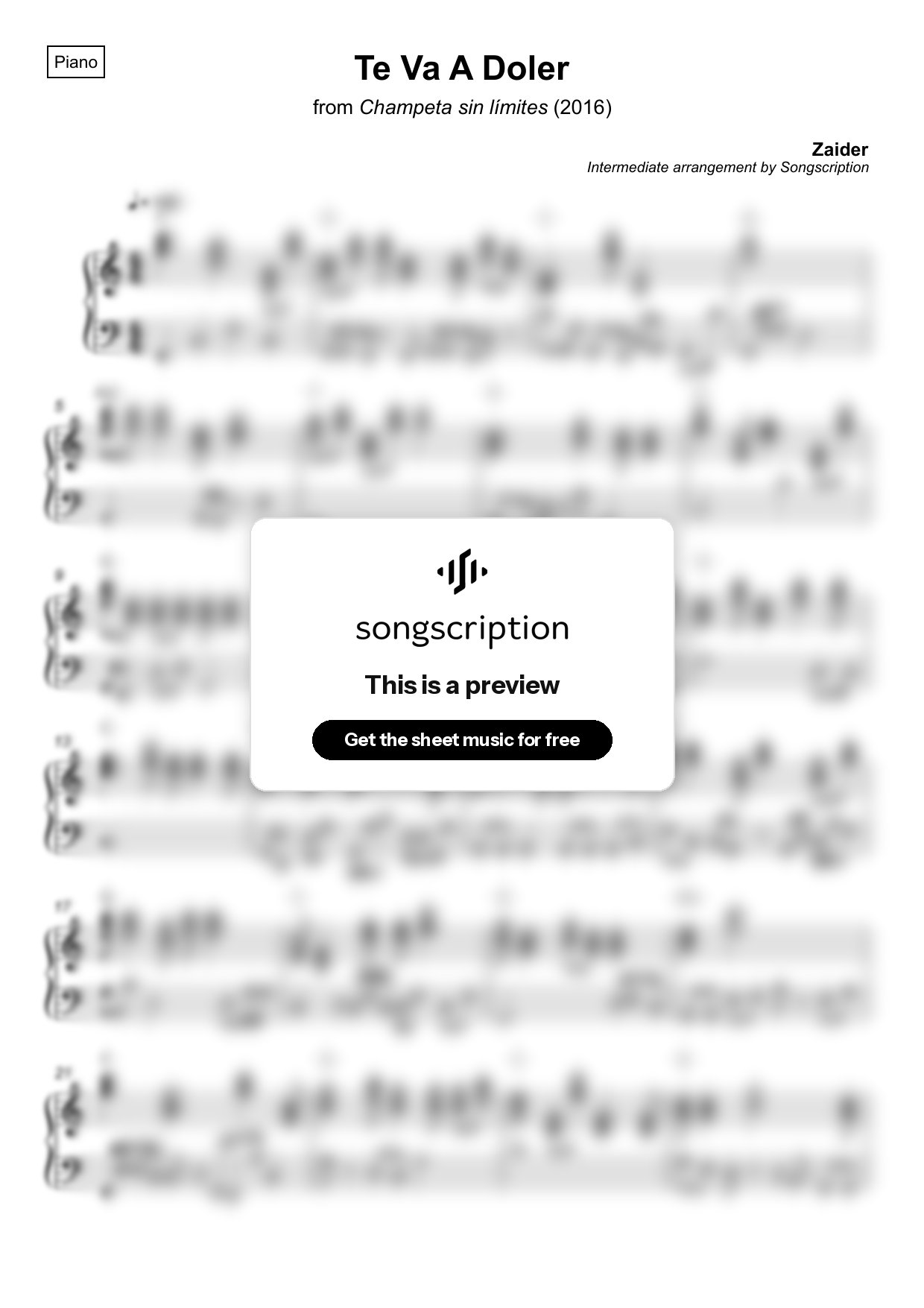 Intermediate Piano Sheet Music for "Te Va A Doler" by Zaider