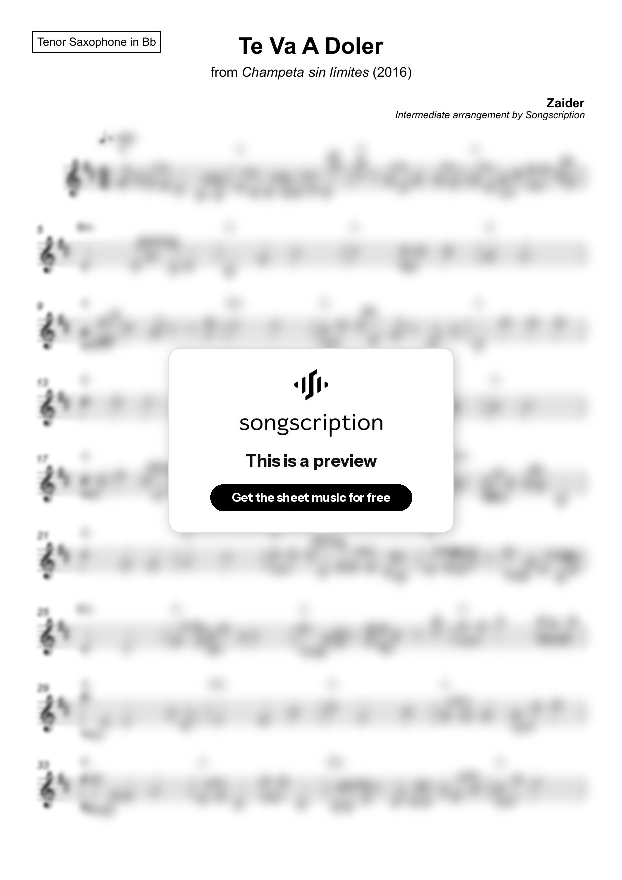 Intermediate Tenor Sax Sheet Music for "Te Va A Doler" by Zaider