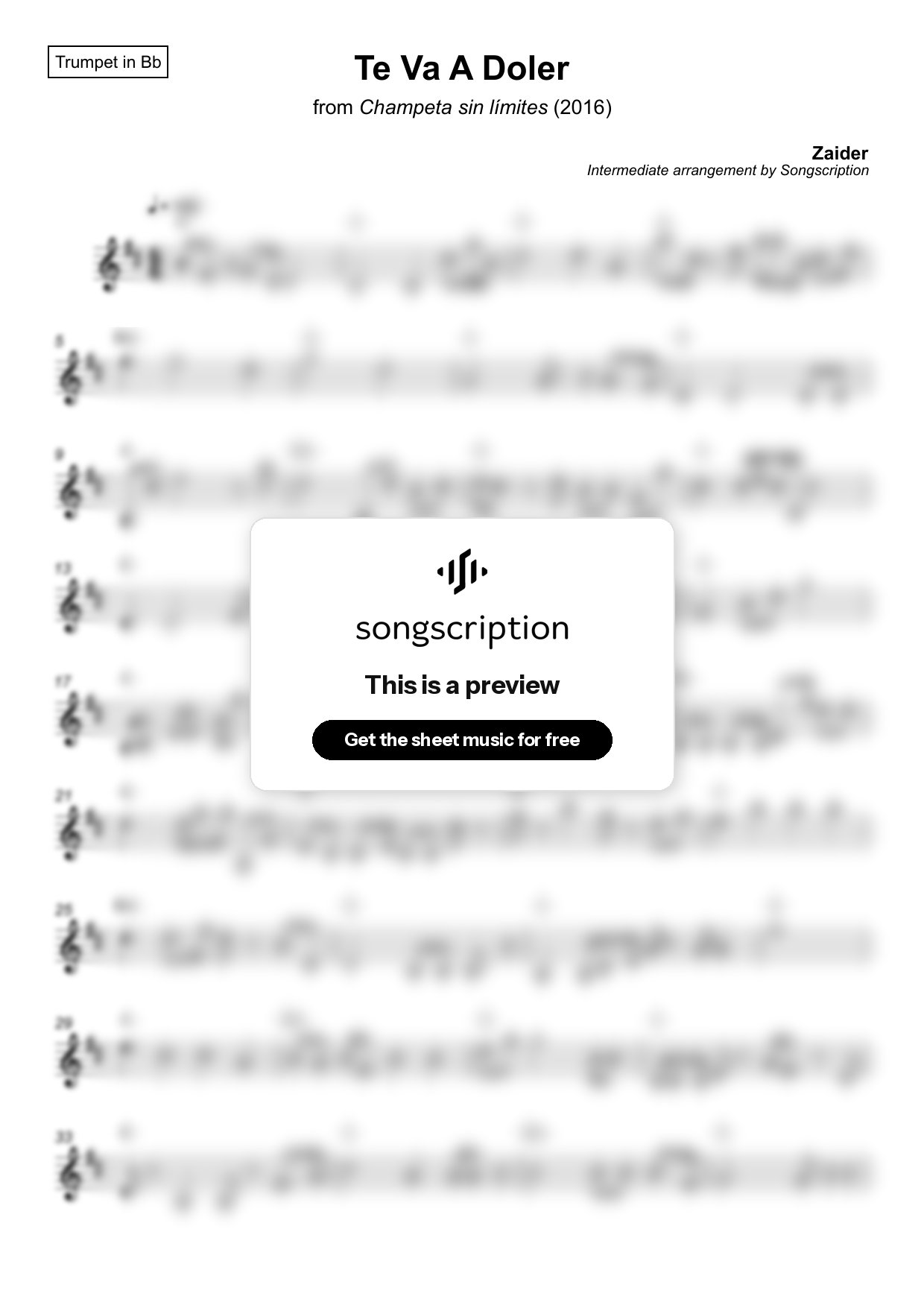 Intermediate Trumpet Sheet Music for "Te Va A Doler" by Zaider