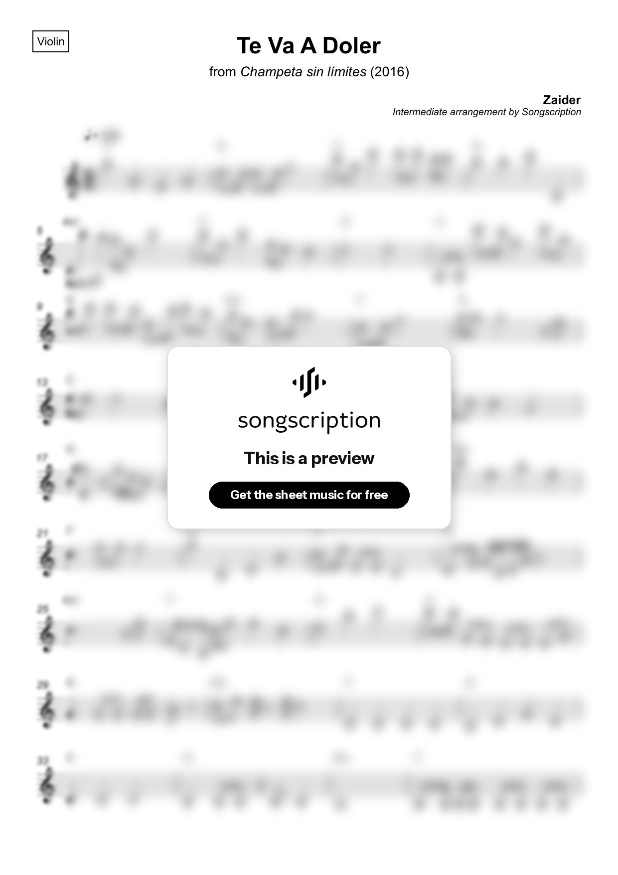 Intermediate Violin Sheet Music for "Te Va A Doler" by Zaider