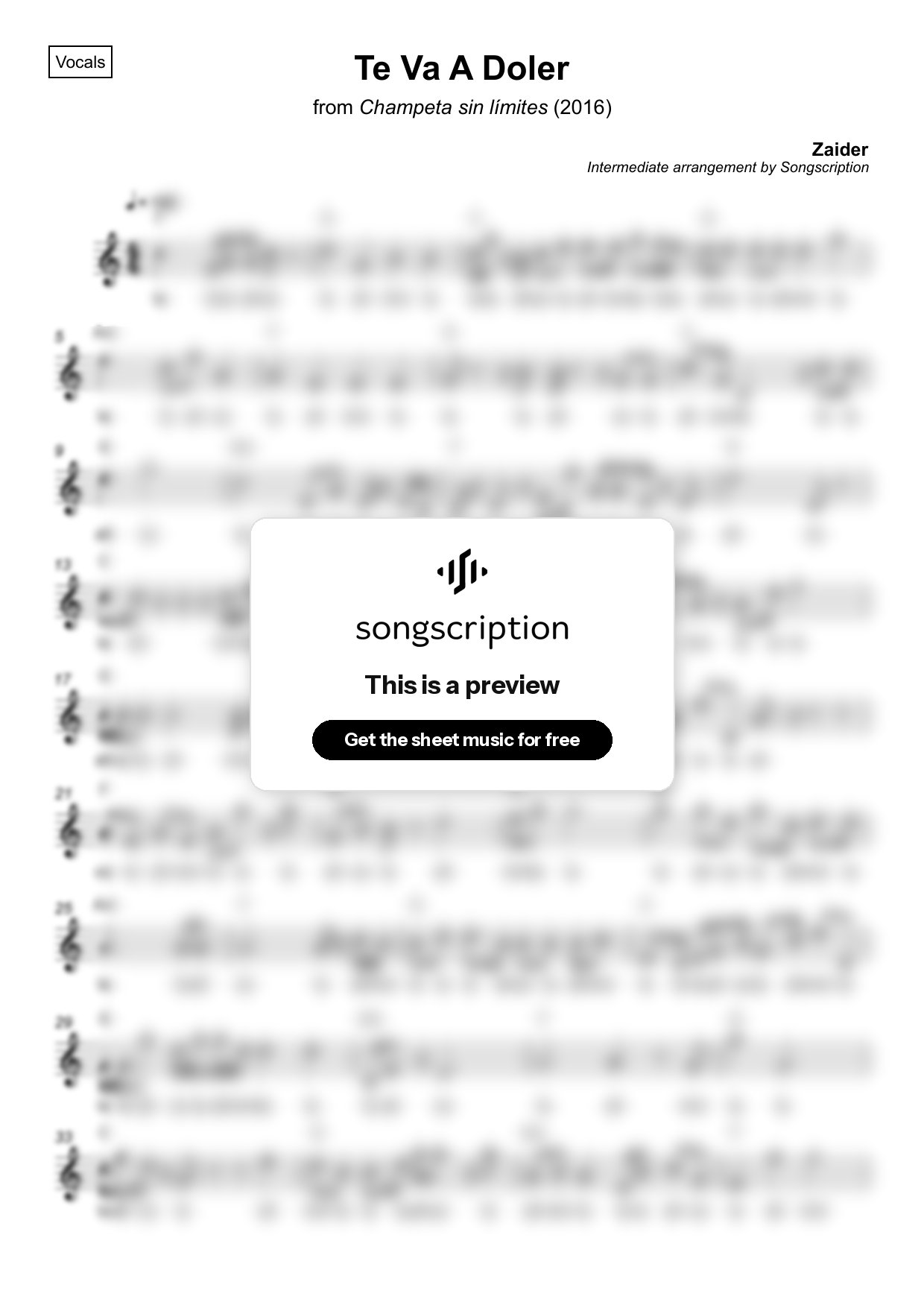 Intermediate Vocals Sheet Music for "Te Va A Doler" by Zaider