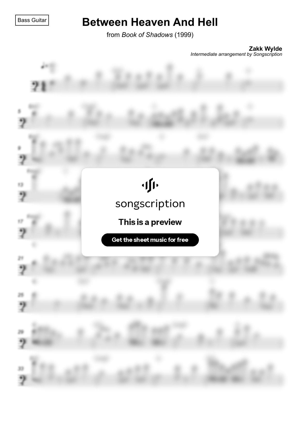Intermediate Bass Guitar Sheet Music for "Between Heaven And Hell" by Zakk Wylde