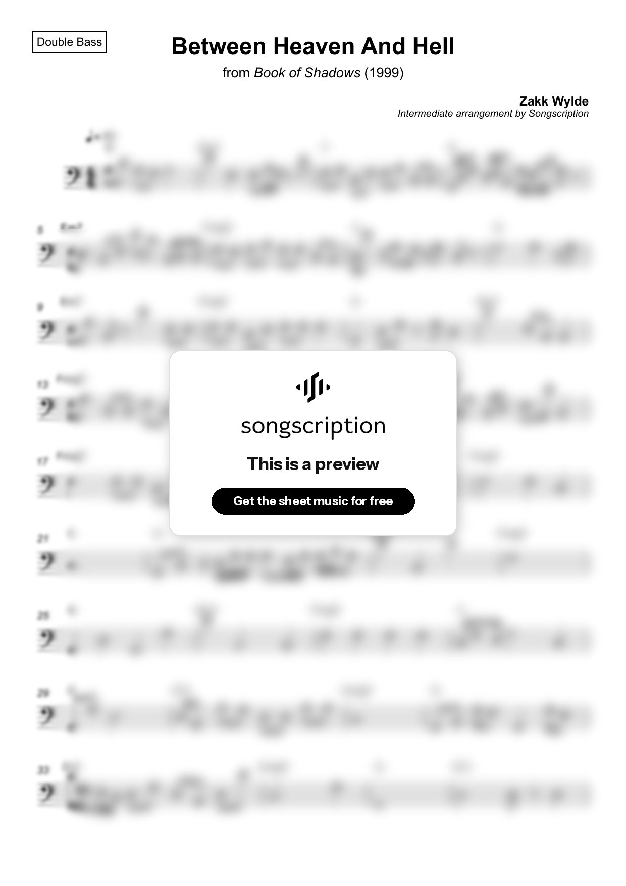 Intermediate Double Bass Sheet Music for "Between Heaven And Hell" by Zakk Wylde