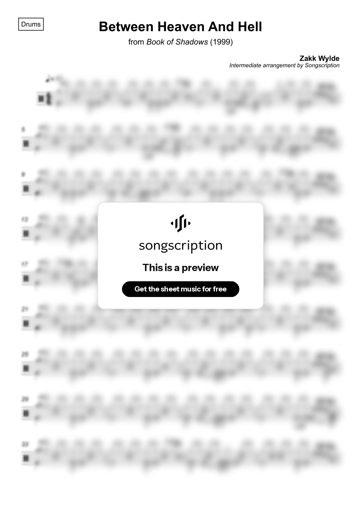 Intermediate Drums Sheet Music for "Between Heaven And Hell" by Zakk Wylde