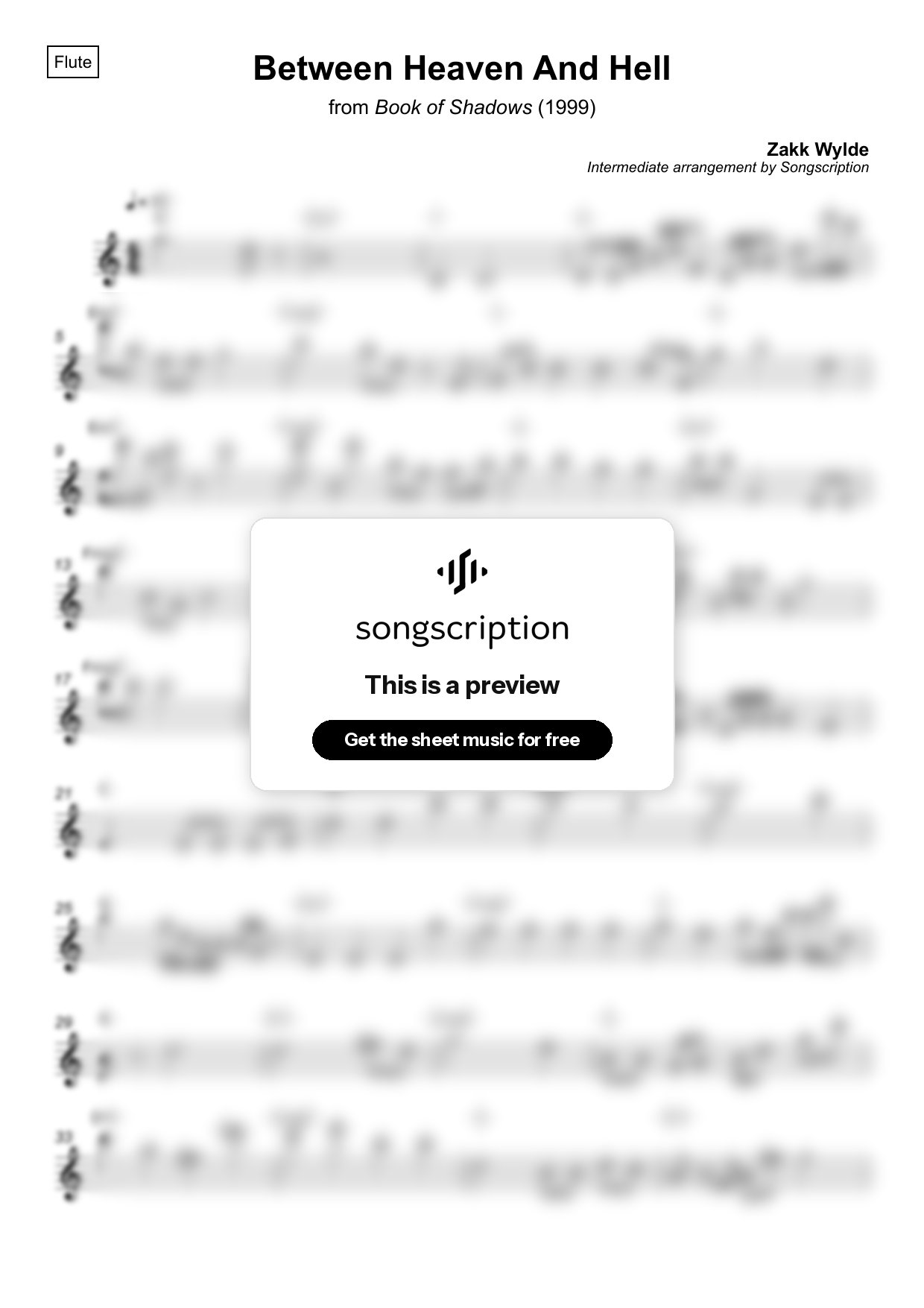 Intermediate Flute Sheet Music for "Between Heaven And Hell" by Zakk Wylde