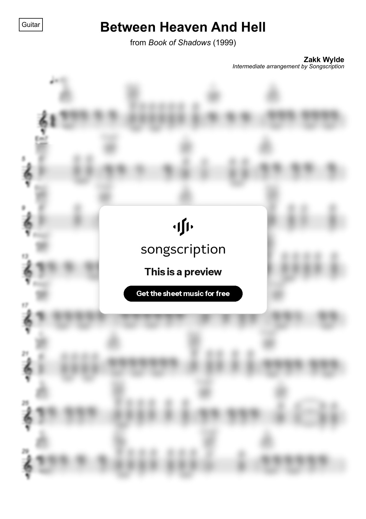 Intermediate Acoustic Guitar Sheet Music for "Between Heaven And Hell" by Zakk Wylde