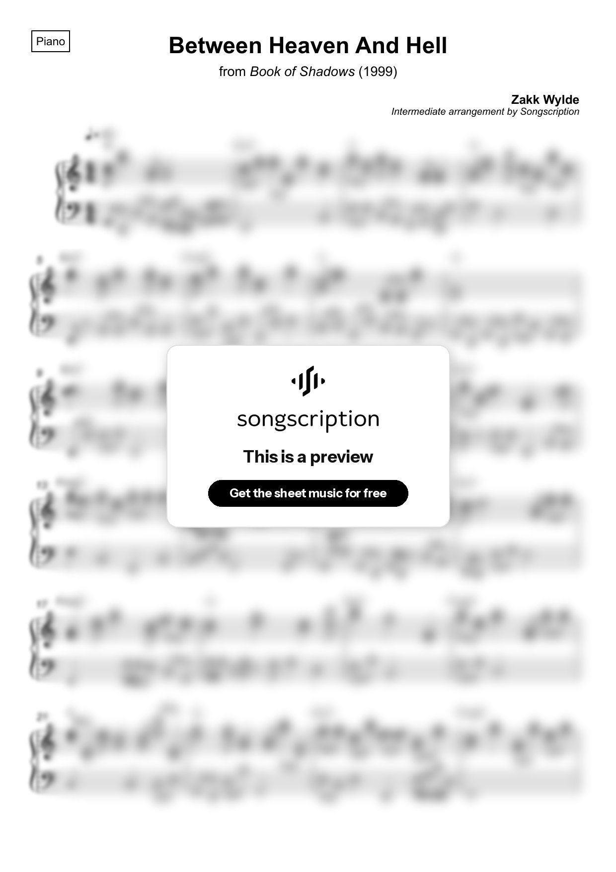Intermediate Piano Sheet Music for "Between Heaven And Hell" by Zakk Wylde