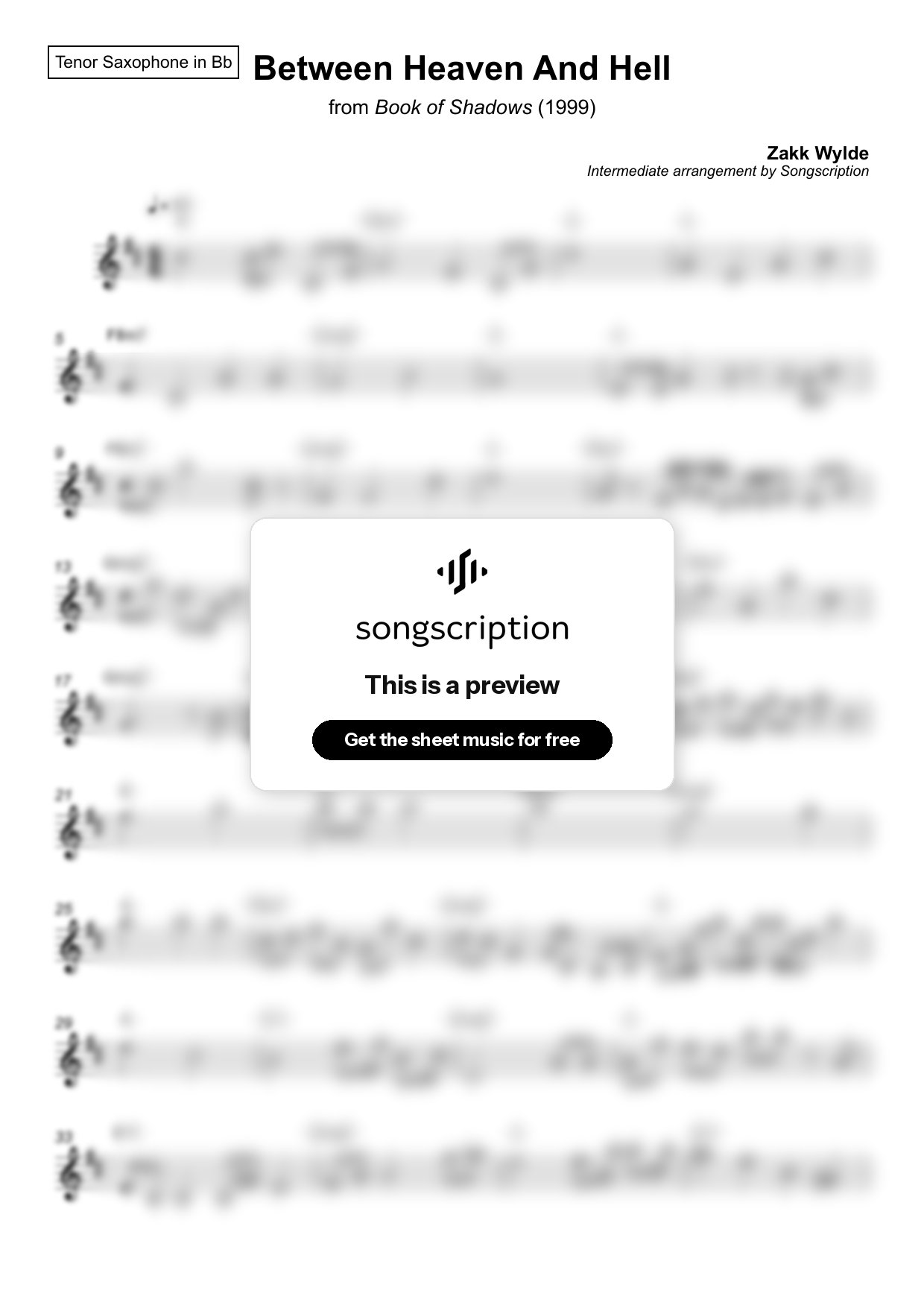 Intermediate Tenor Sax Sheet Music for "Between Heaven And Hell" by Zakk Wylde