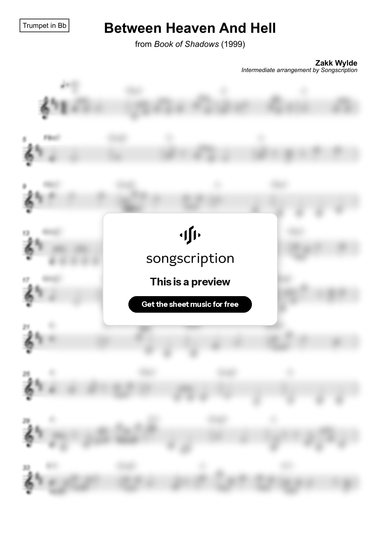 Intermediate Trumpet Sheet Music for "Between Heaven And Hell" by Zakk Wylde