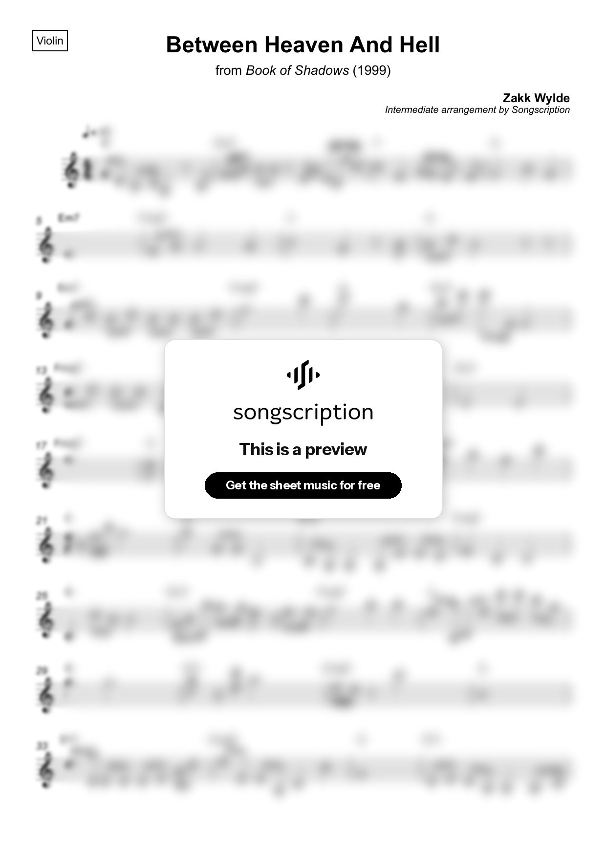 Intermediate Violin Sheet Music for "Between Heaven And Hell" by Zakk Wylde