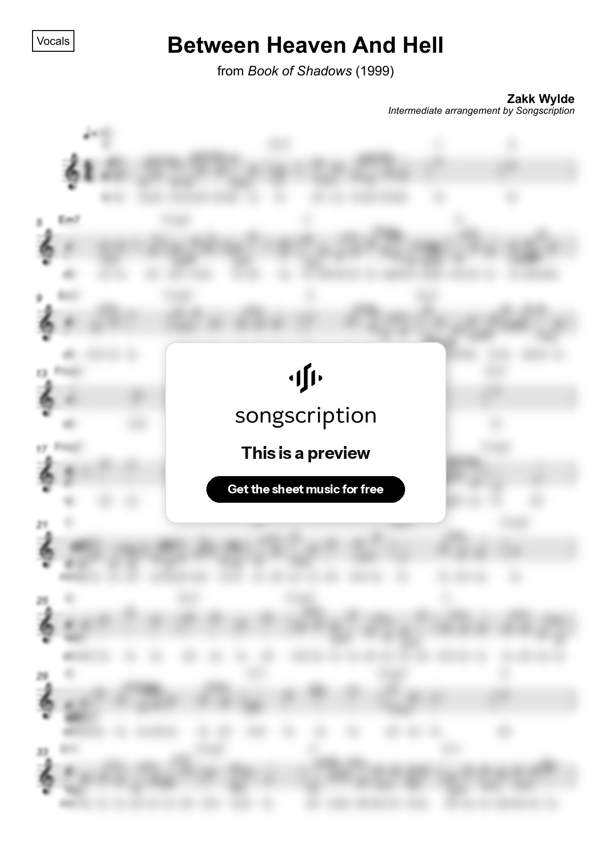 Intermediate Vocals Sheet Music for "Between Heaven And Hell" by Zakk Wylde