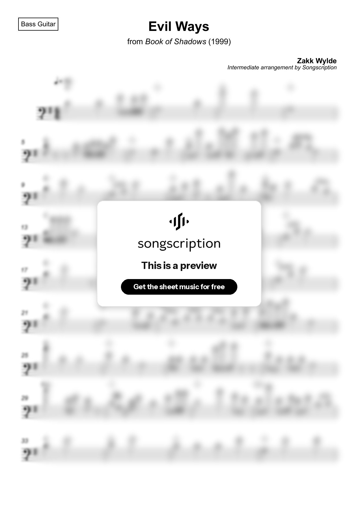 Intermediate Bass Guitar Sheet Music for "Evil Ways" by Zakk Wylde