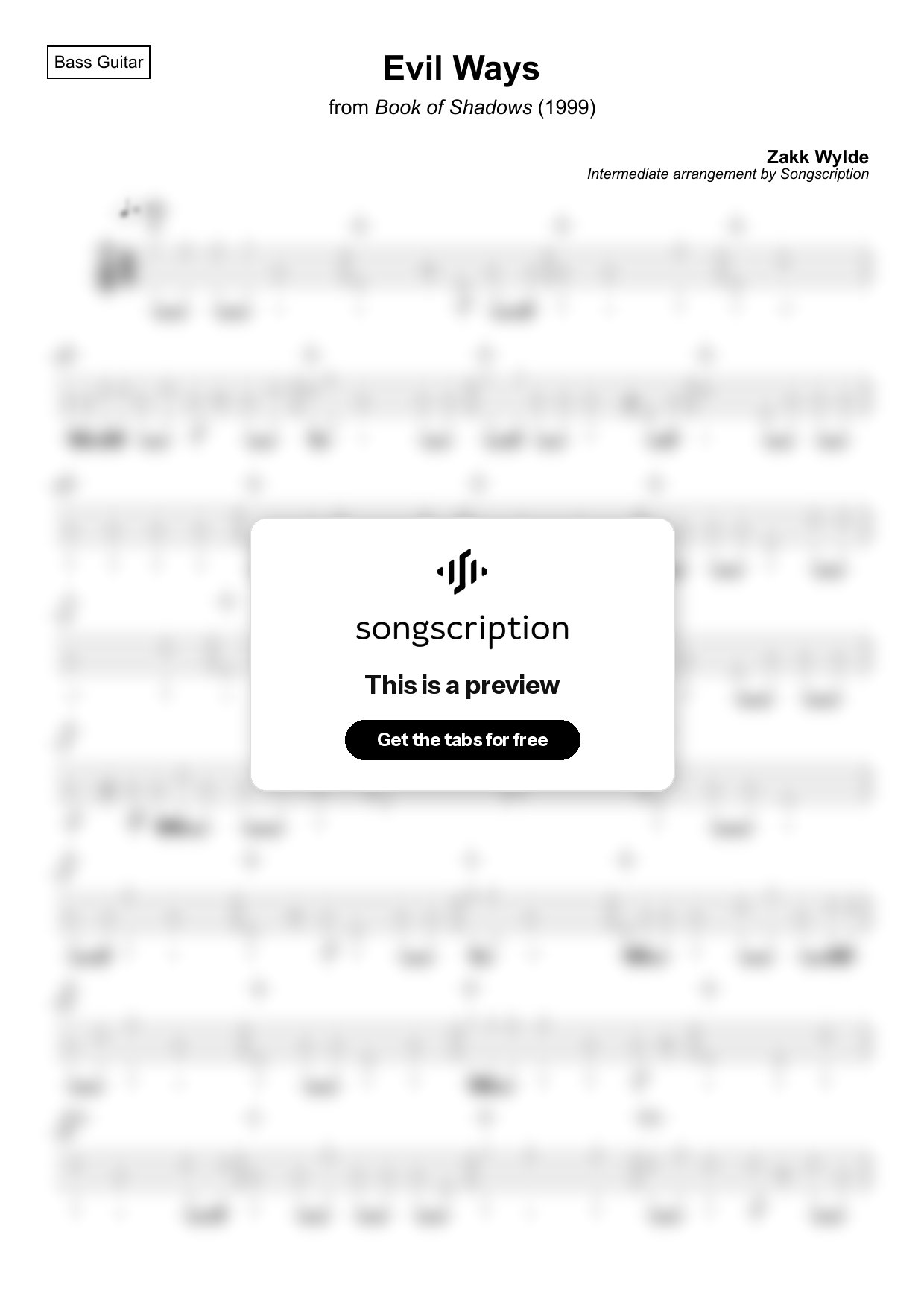 Intermediate Bass Guitar Tabs for "Evil Ways" by Zakk Wylde