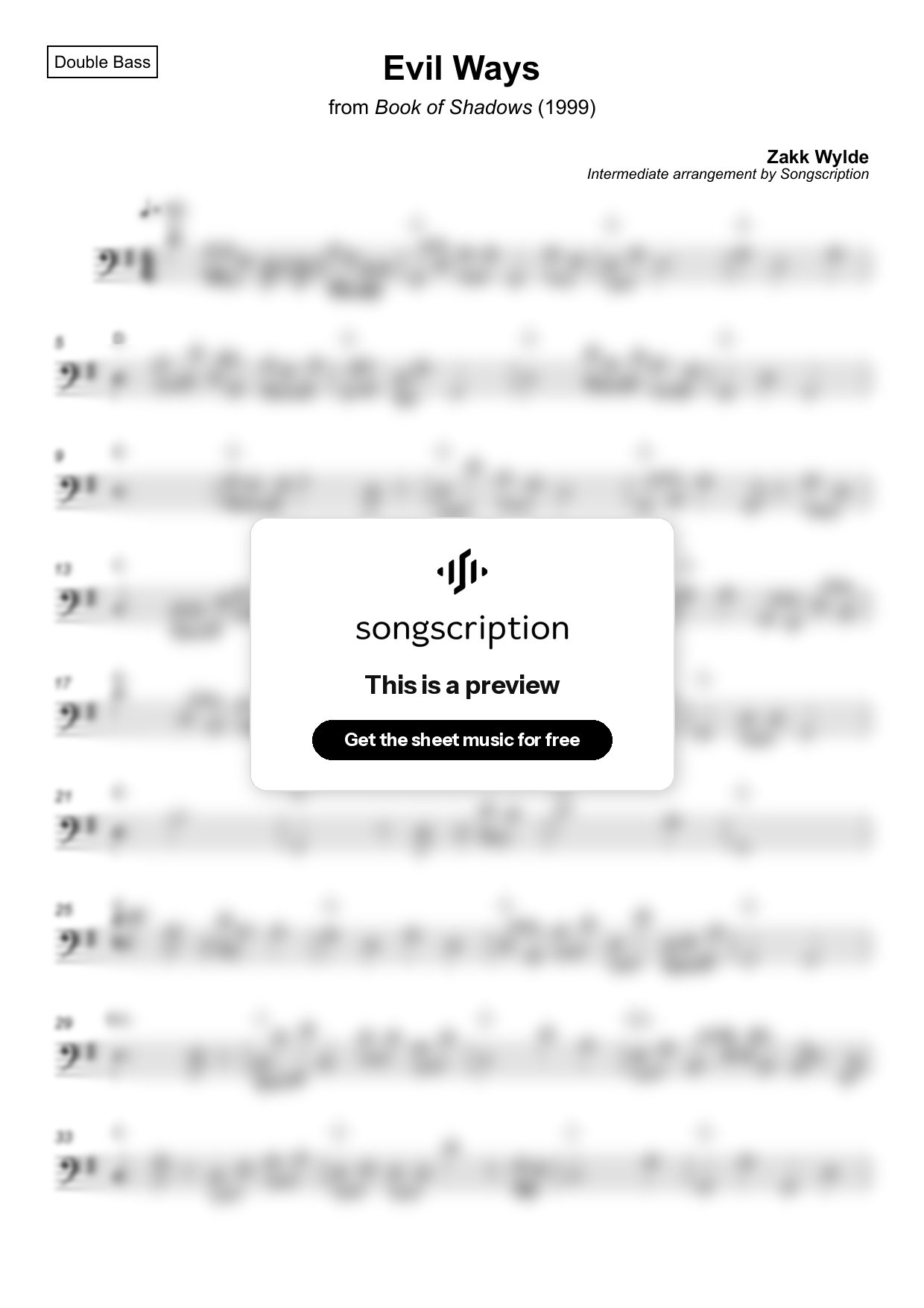 Intermediate Double Bass Sheet Music for "Evil Ways" by Zakk Wylde