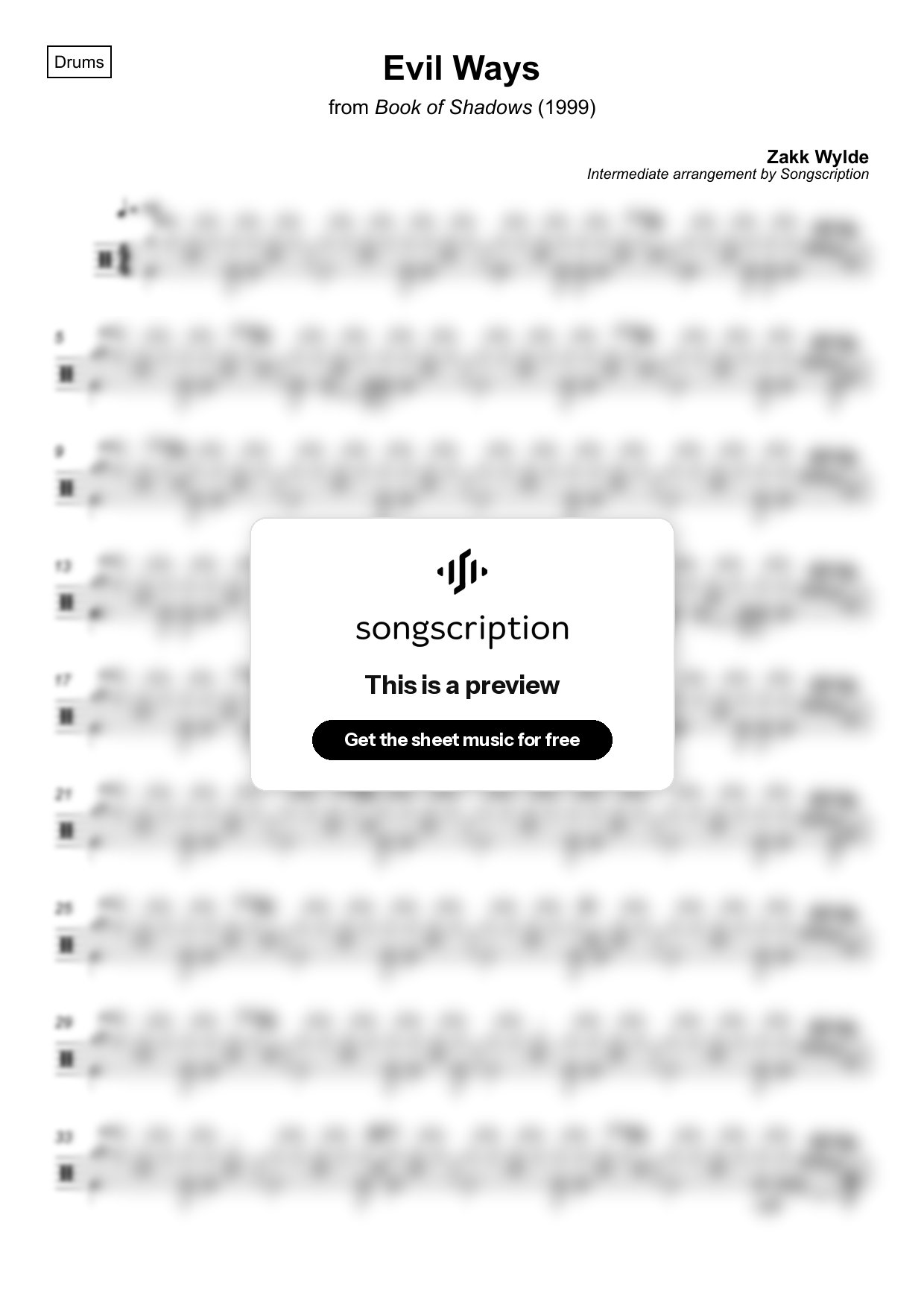 Intermediate Drums Sheet Music for "Evil Ways" by Zakk Wylde
