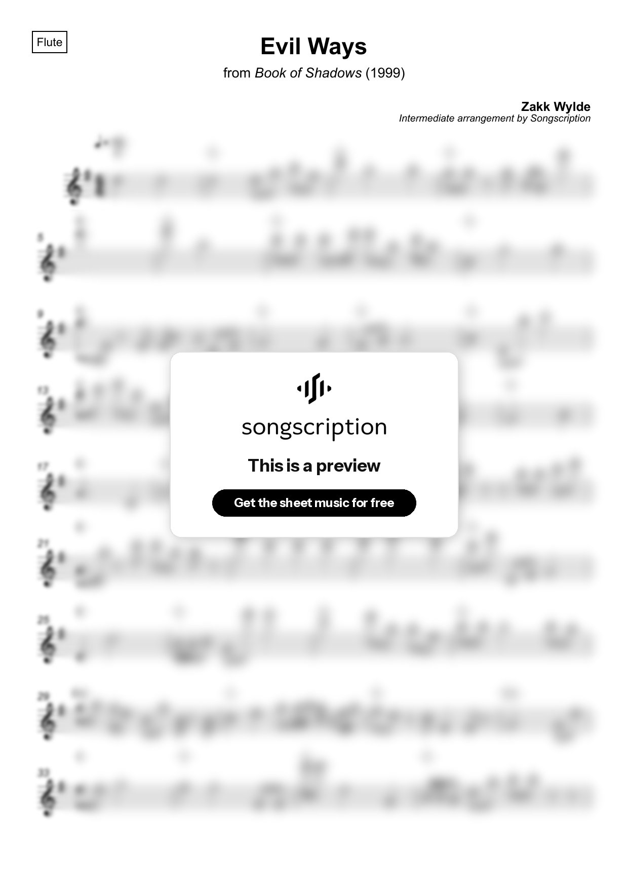 Intermediate Flute Sheet Music for "Evil Ways" by Zakk Wylde
